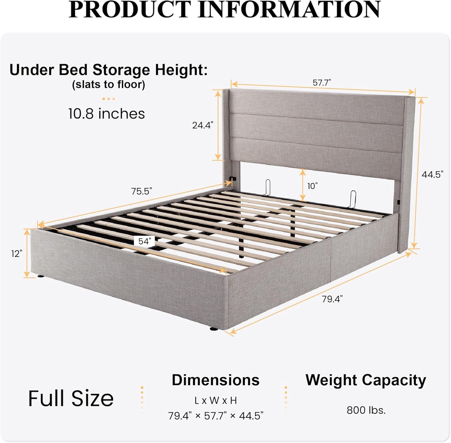 SHA CERLIN Full Size Lift Up Storage Bed/Modern Wingback Headboard/Upholstered Platform Bed Frame/Hydraulic Storage/No Box Spring Needed/Wood Slats Support/Light Beige