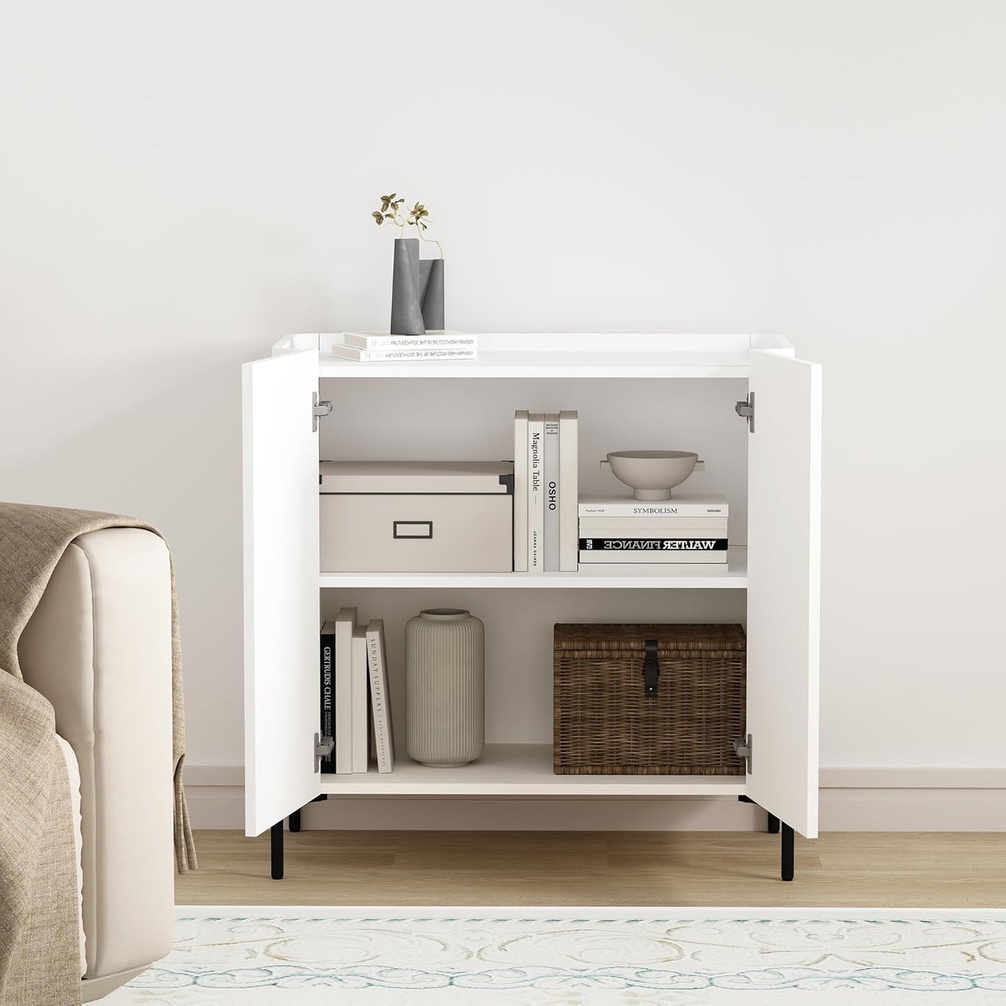 Manhattan Comfort Abbey Accent Cabinet with Doors, Tray Top Design and Adjustable Shelves, Sleek Modern Storage Furniture for Dining Area, Living Room, Bedroom, Entryway, White
