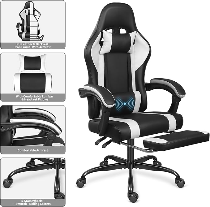 Gaming Chair with Footrest and Massage Lumbar Support, Height Adjustable Game Chair, Video Gaming Chair for Gaming Room, Living Room and Office - Black/White