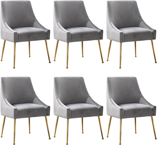 Modern Velvet Dining Chairs Set of 6, Contemporary Upholstered Furniture Collection with Polished Gold Metal Legs, Elegant Accent Chairs for Kitchen Living Room(Grey)