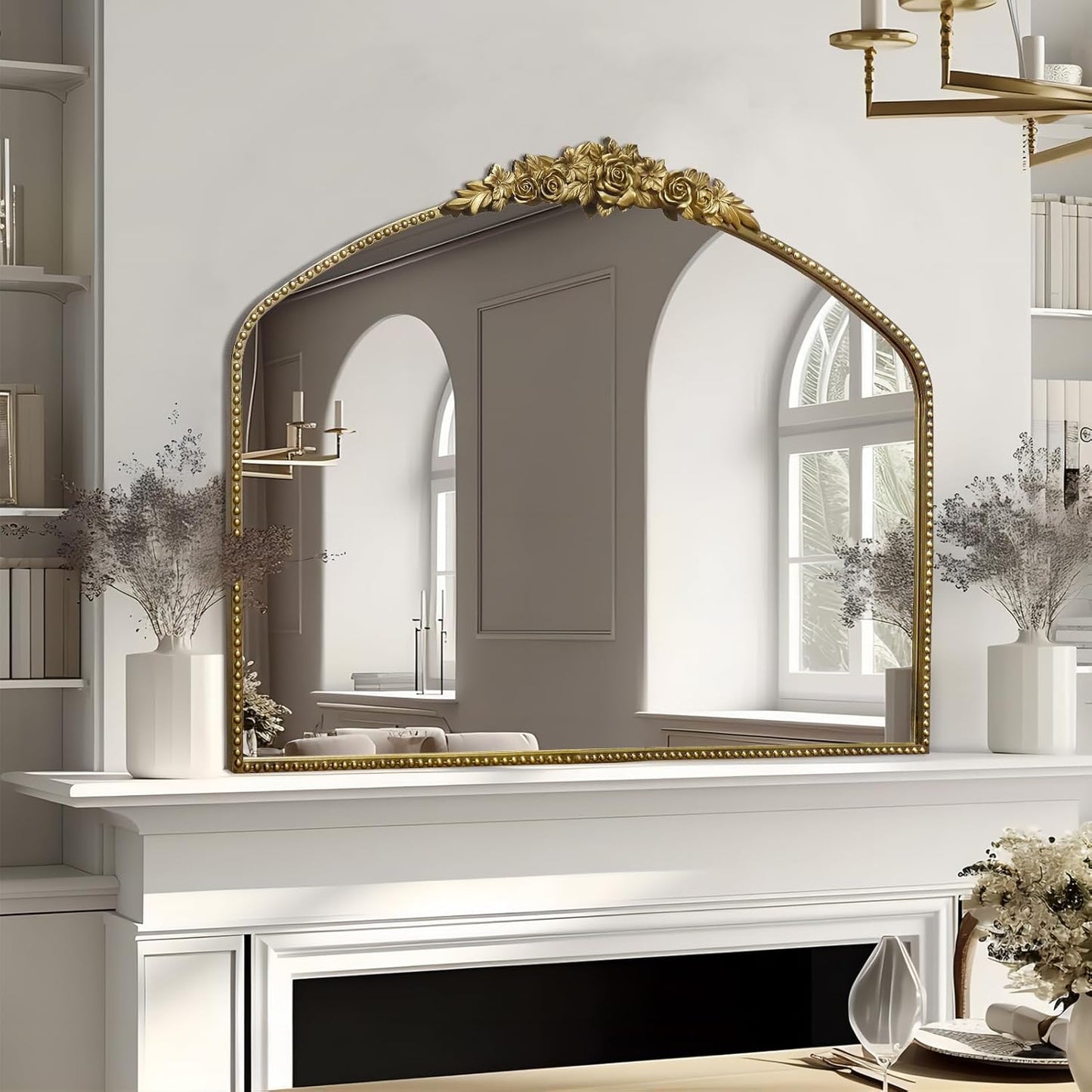 Vintage Gold Arched Mirror 40"X30",Antique Baroque Mantel Mirror with Ornate Metal Frame for Entryway/Fireplace/Living Room/Hallway/Bathroom/Bedroom