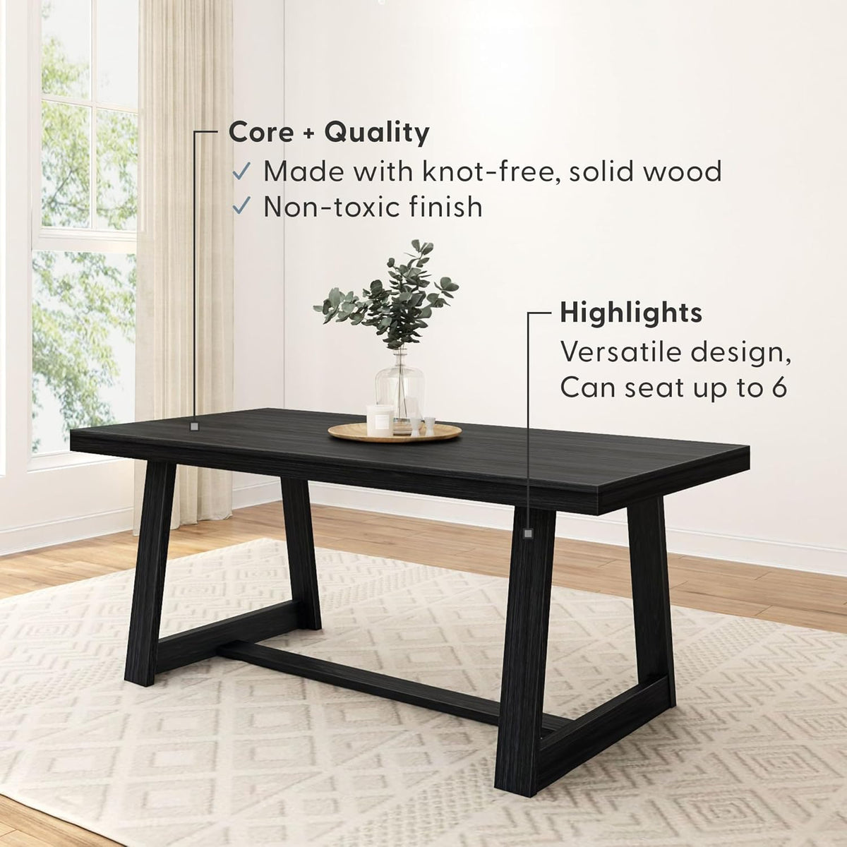 Plank+Beam 72 Inch Farmhouse Dining Table, Solid Wood Rustic Kitchen Table, Large Wooden Rectangular Dinner Table for Dining Room, Home Office, Living Room Furniture, Easy Assembly, Black Wirebrush