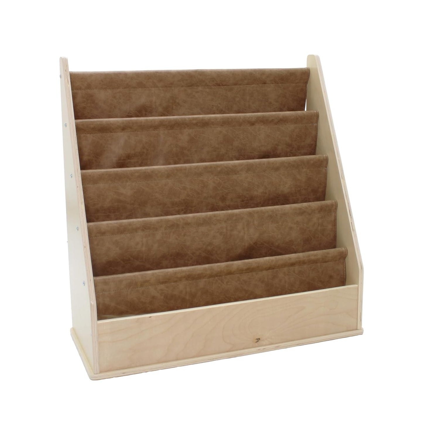 Factory Direct Partners Rustic Kid Birch Sling Book Display; Distressed Faux Leather 4-Shelf Storage for Books or Magazines; Furniture for Bedroom, Playroom, Daycare or Classroom - Pecan, 13745-321