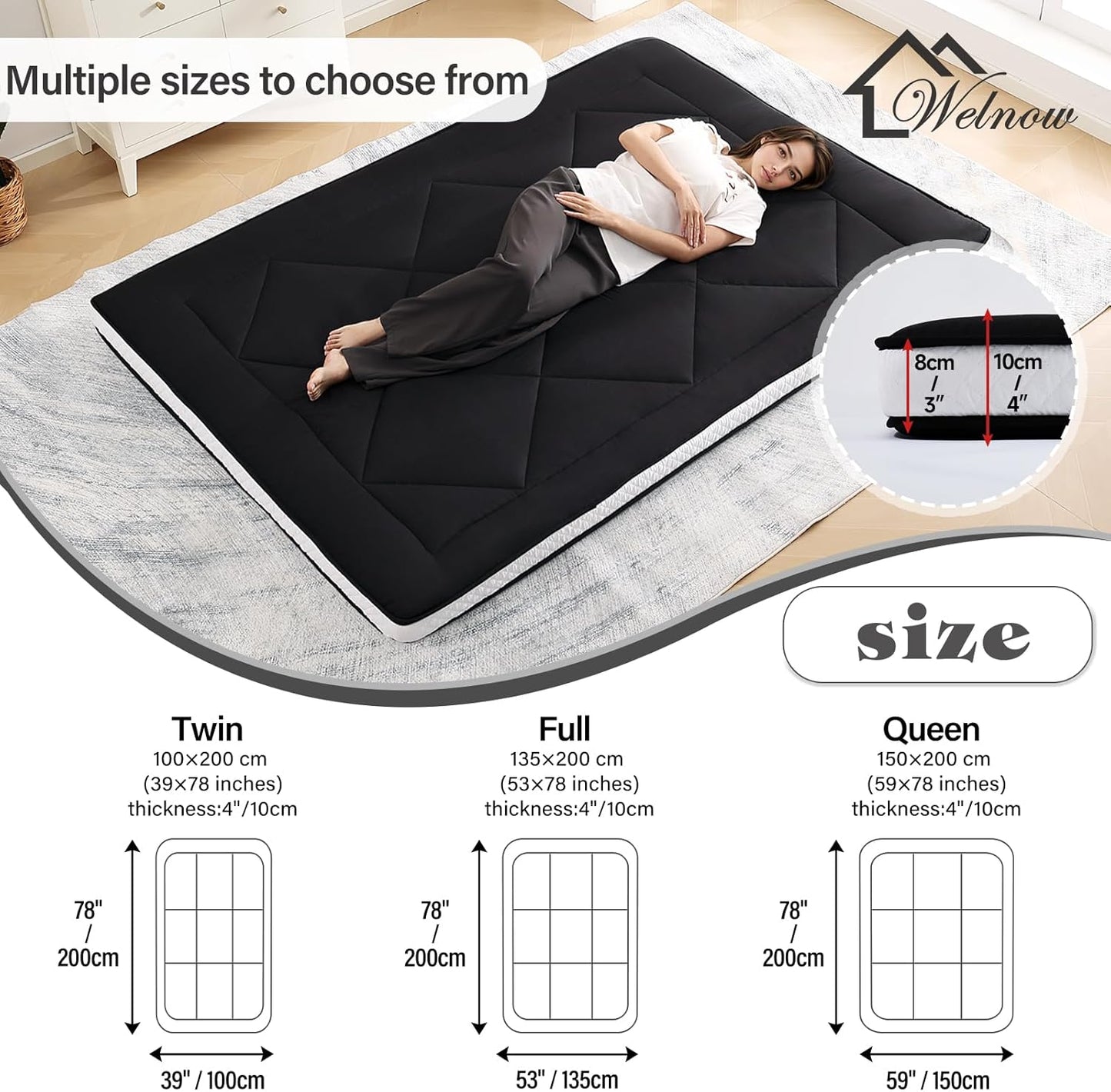 Welnow Japanese Futon Floor Mattress, Thick Twin Size Tatami Mat Portable & Foldable Roll Up Floor Bed Mattress with Storage Bag, Sleeping Pad for Adults, Dorm, Guest Bed, Camping and Travel, Black