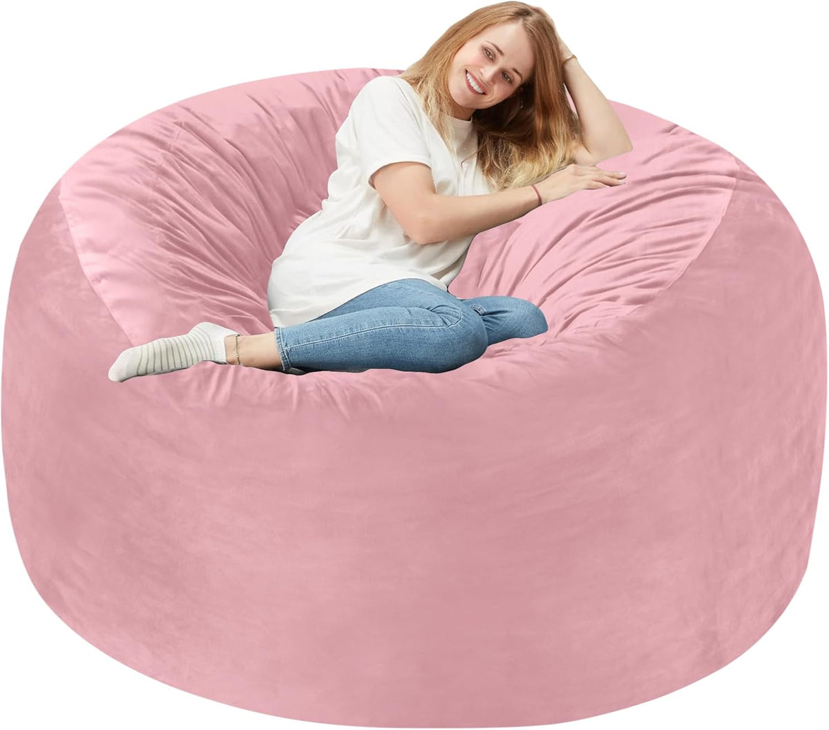 Homguava 4 FT Bean Bag Chair: 4' Bean Bags with Memory Foam Filled, Large Beanbag Chairs Soft Sofa with Dutch Velvet Cover-Light Pink