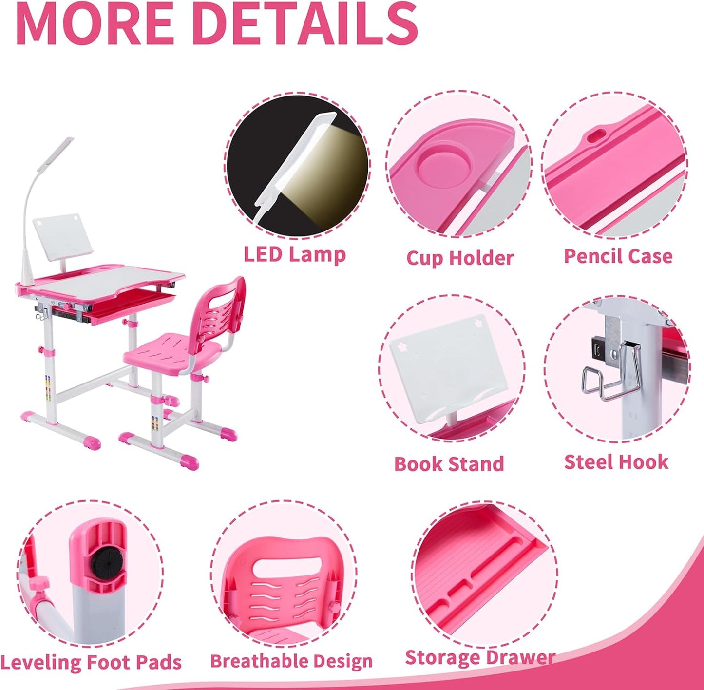 Diroan Kids Functional Desk and Chair Set, Ergonomic Height Adjustable Children School Study Desk with Tilt Desktop, Book Stand, LED Light, Metal Hook and Storage Drawer for Boys Girls(Pink)