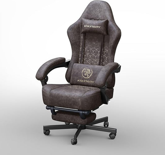 Gaming Chair Breathable Leather with Pocket Spring Cushion,Wide and High Ergonomic Office Chair with Headrest,Computer Gaming Chair with Footrest for Adult and Teen,Brown