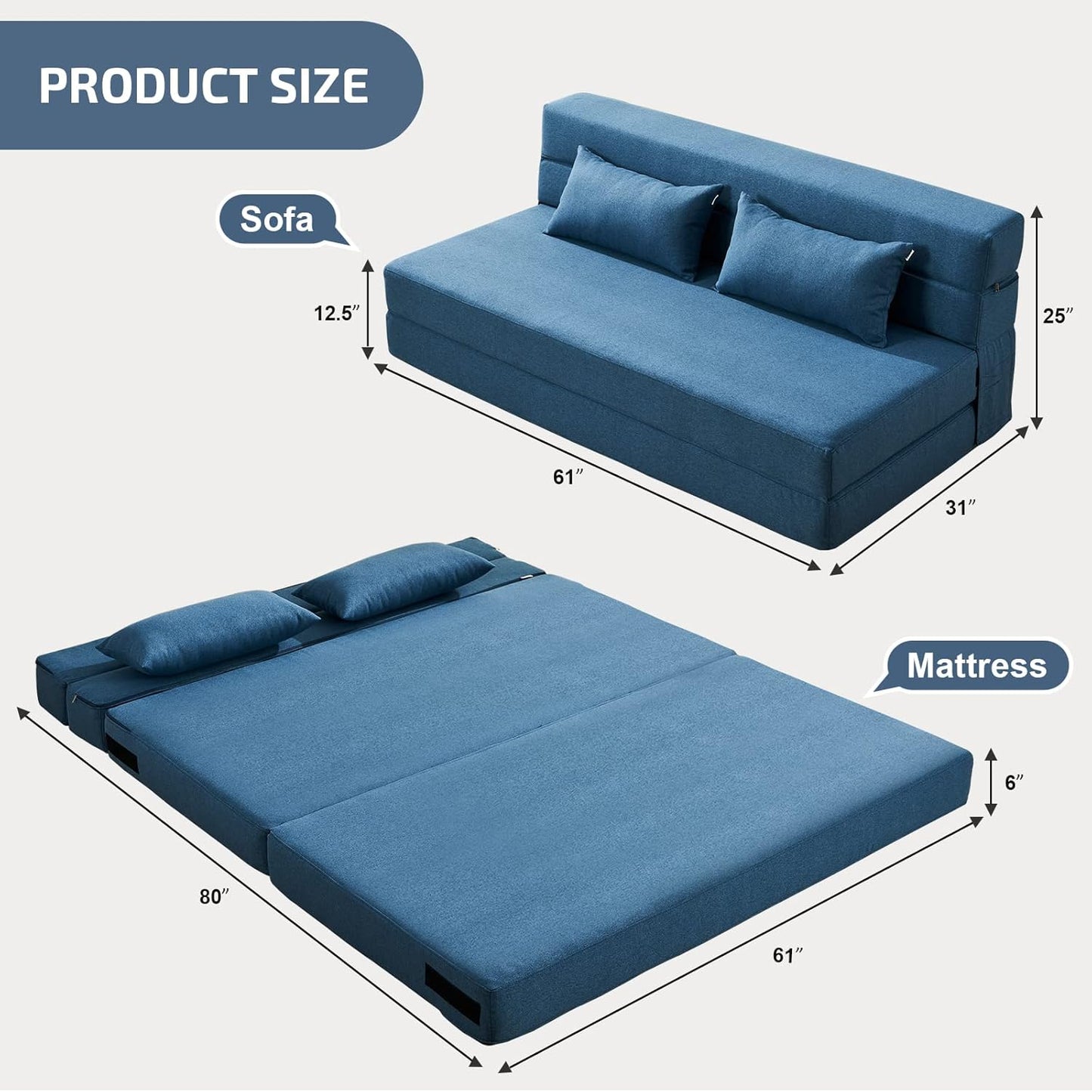 Folding Sofa Bed with Pillows- Convertible Chair Floor Couch & Sleeping Mattress, Foldable Memory Foam Sleeper for Living Room/Dorm/Guest Room/Home Office/Apartment/Loft, Queen, Navy Blue