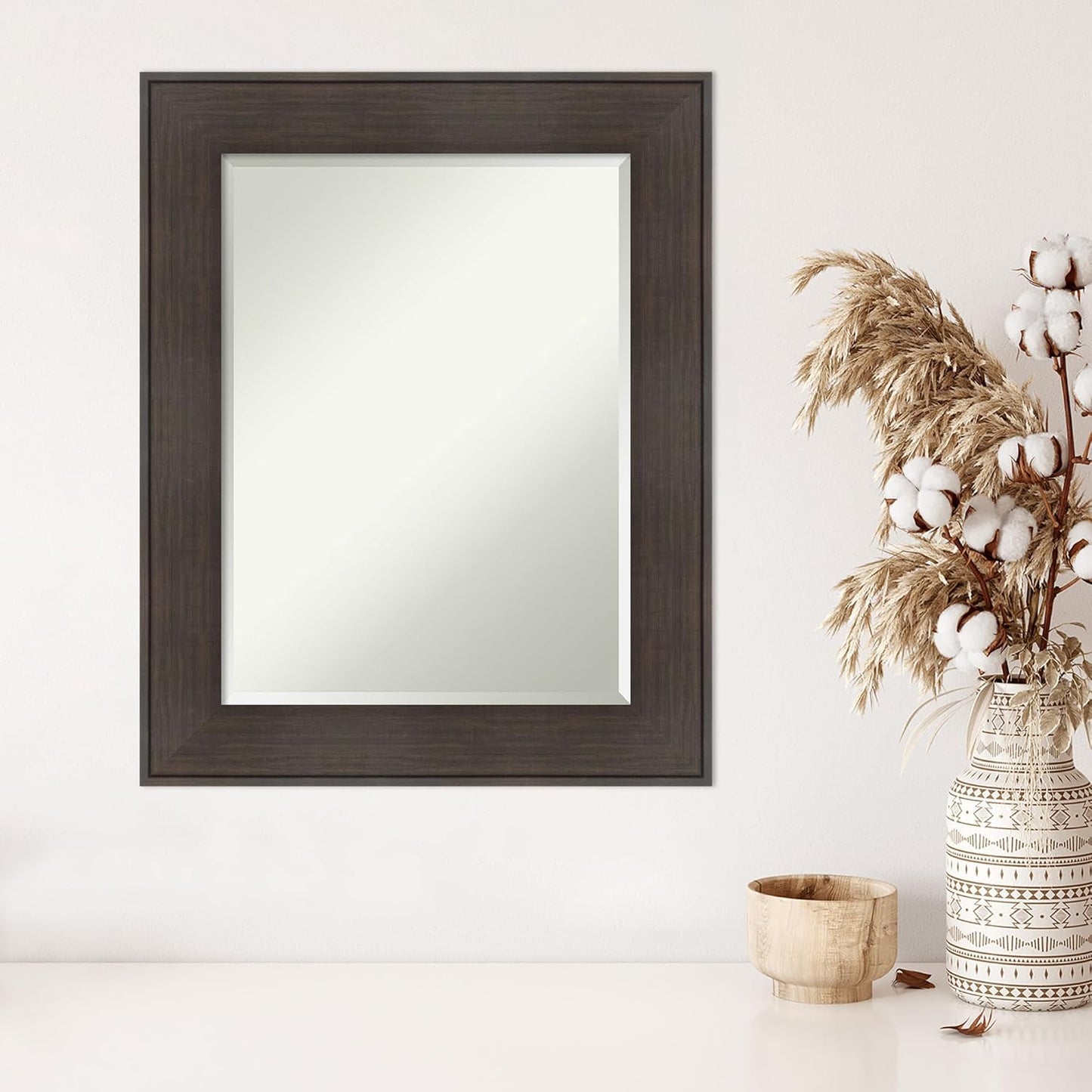 Amanti Art Brown Wall Mirror 30x24 William Rustic Woodgrain Rectangle Bathroom Mirror for Wall Decor Living Room, Medium Classic Frame, Hangs Horizonally and Vertically, Bathroom Decor, Beveled Edge