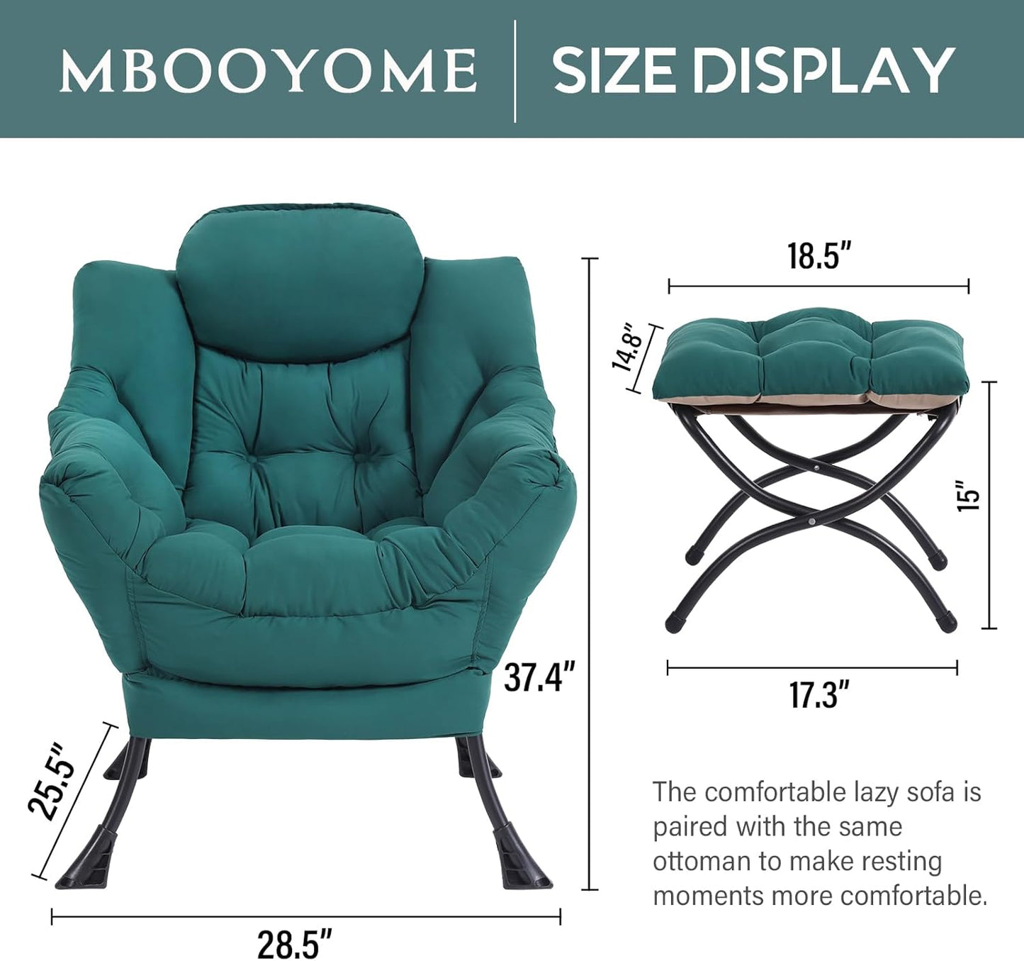 Lazy Chair with Folding Ottoman, Modern Accent Lounge Armchair with Armrests and a Side Pocket & Foldable Footstool, Leisure Reading Chair for Living Room, Bedroom, Dorm & Office, Dark Green