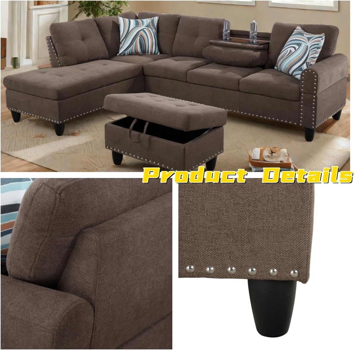 L Shaped Sectional Couch with Otttoman, 97" Sectional Sofa for Living Room Flannel Modular Couches with Cup Holders for Bedroom, Apartments, Brown