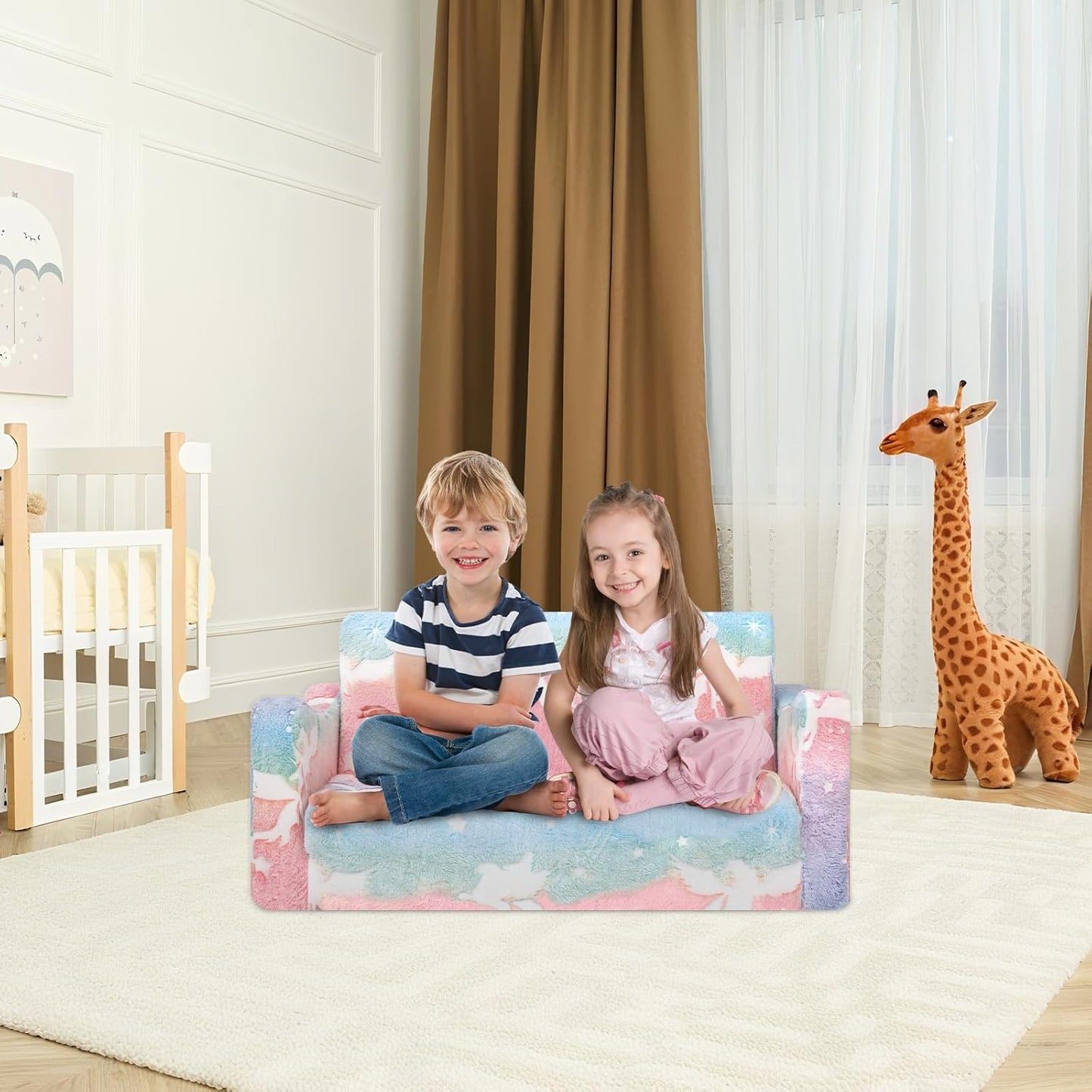 Kids Couch Extra Large,Glow in The Dark 2-in-1 Folding Kids Sofa Bed for Girls,2 Seats Convertible Sleeper Lounger Toddler Couch for Children Bedroom Playroom Nursery,Unicorn