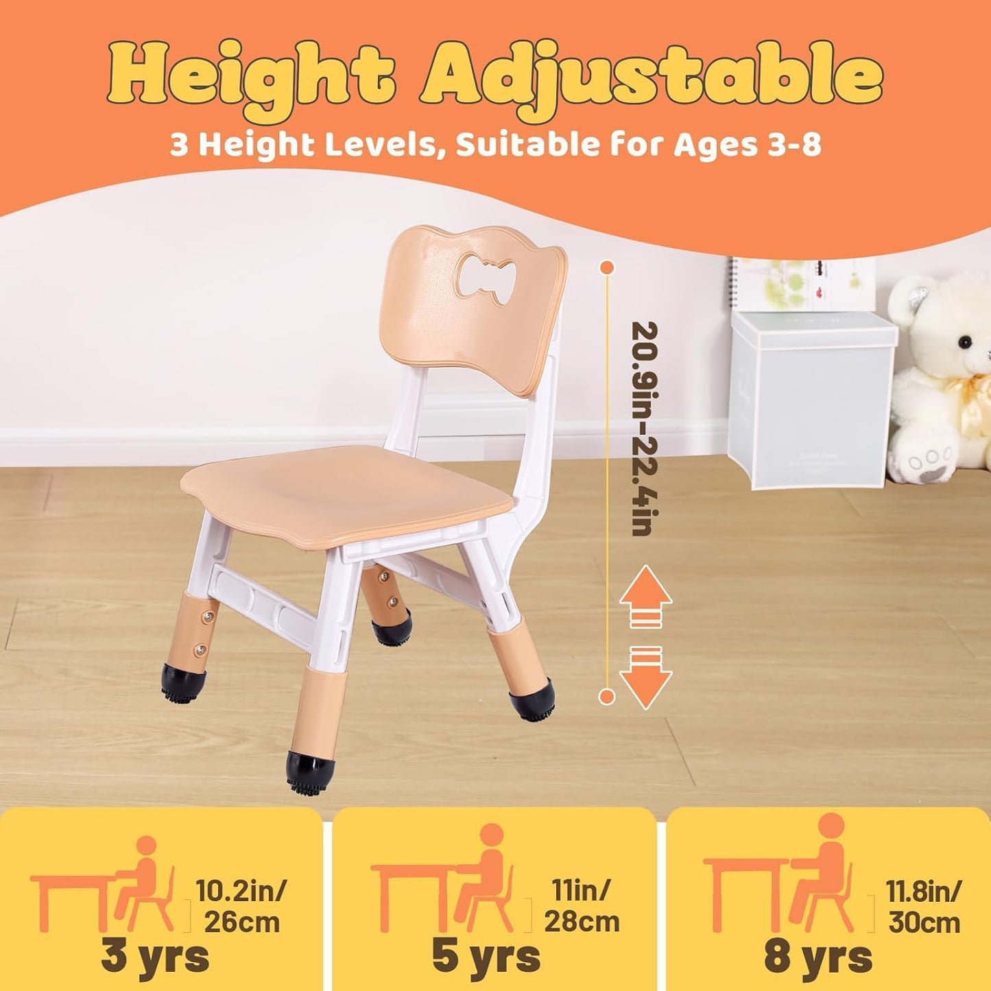 FUNLIO Adjustable Kids Chair (1pc), 3 Level Height Adjustable Toddler Chair for Ages 3-8, Sturdy Child Chairs with Maximum Bearing 220lbs, for Classrooms/Daycares/Homes, CPC & CE Approved - Natural