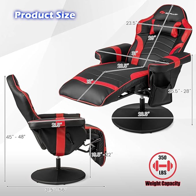 POWERSTONE Gaming Recliner, Adjustable Massage Gaming Chair with Cup Holder Footrest Ergonomic Single Sofa Living Room Home Theater Seating with Side Pouch (Red)