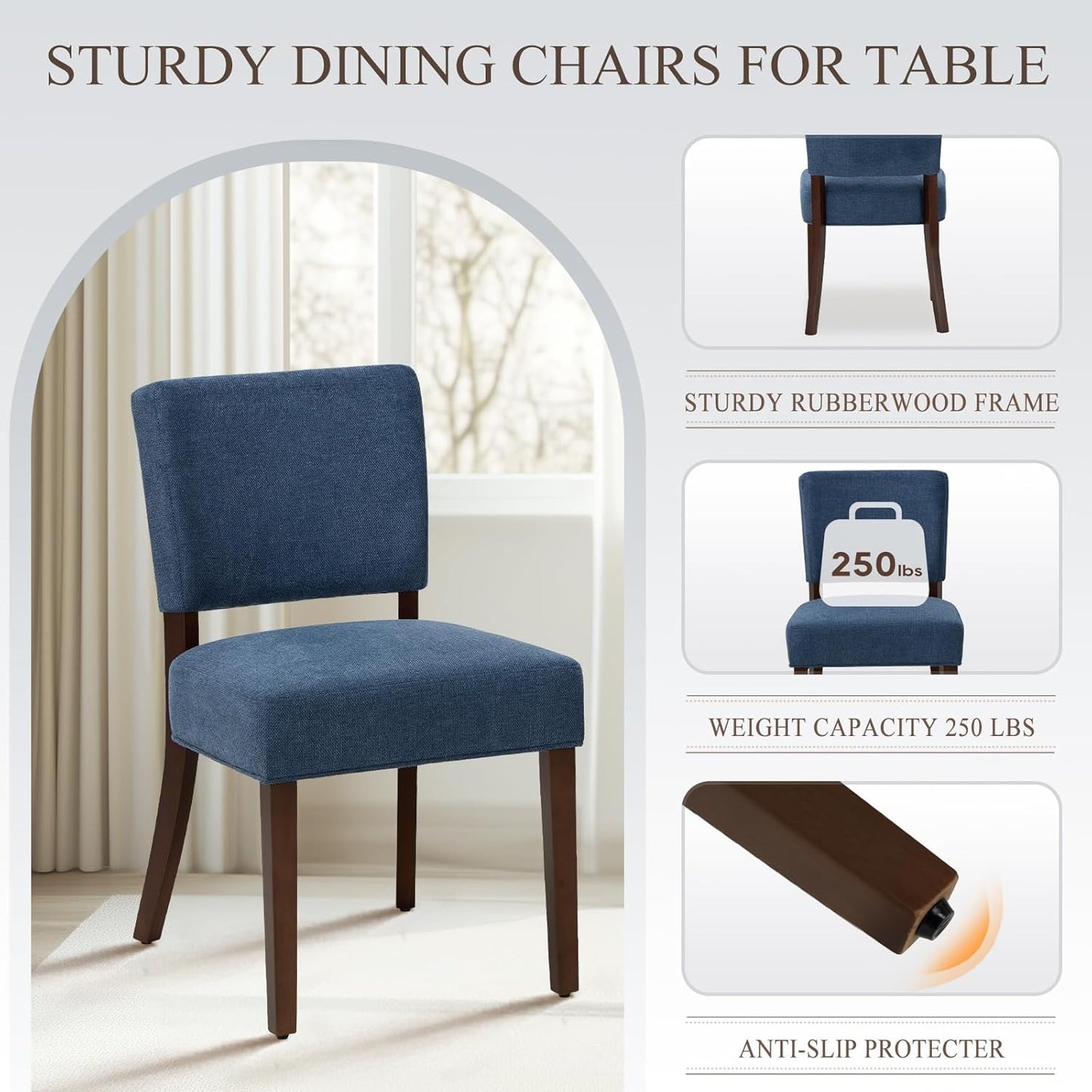 COLAMY Mid Century Modern Dining Chairs Set of 2, Upholstered Kitchen Chairs with Back, Farmhouse Fabric Side Dining Room Chairs with Wood Legs for Dining Room Kitchen Restaurant, Blue