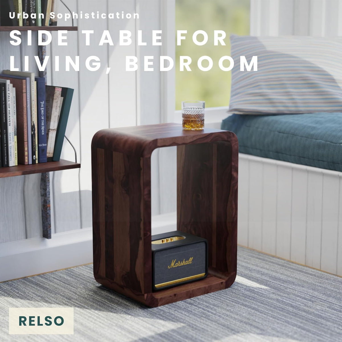 Relso Aurora End Table Solid Sheesham Wood Nightstand with Open Shelf Storage, Walnut Finish Bedside Table, Side Table for Bedroom, Living Room, Entryway, Small Spaces, Accent Bookshelf