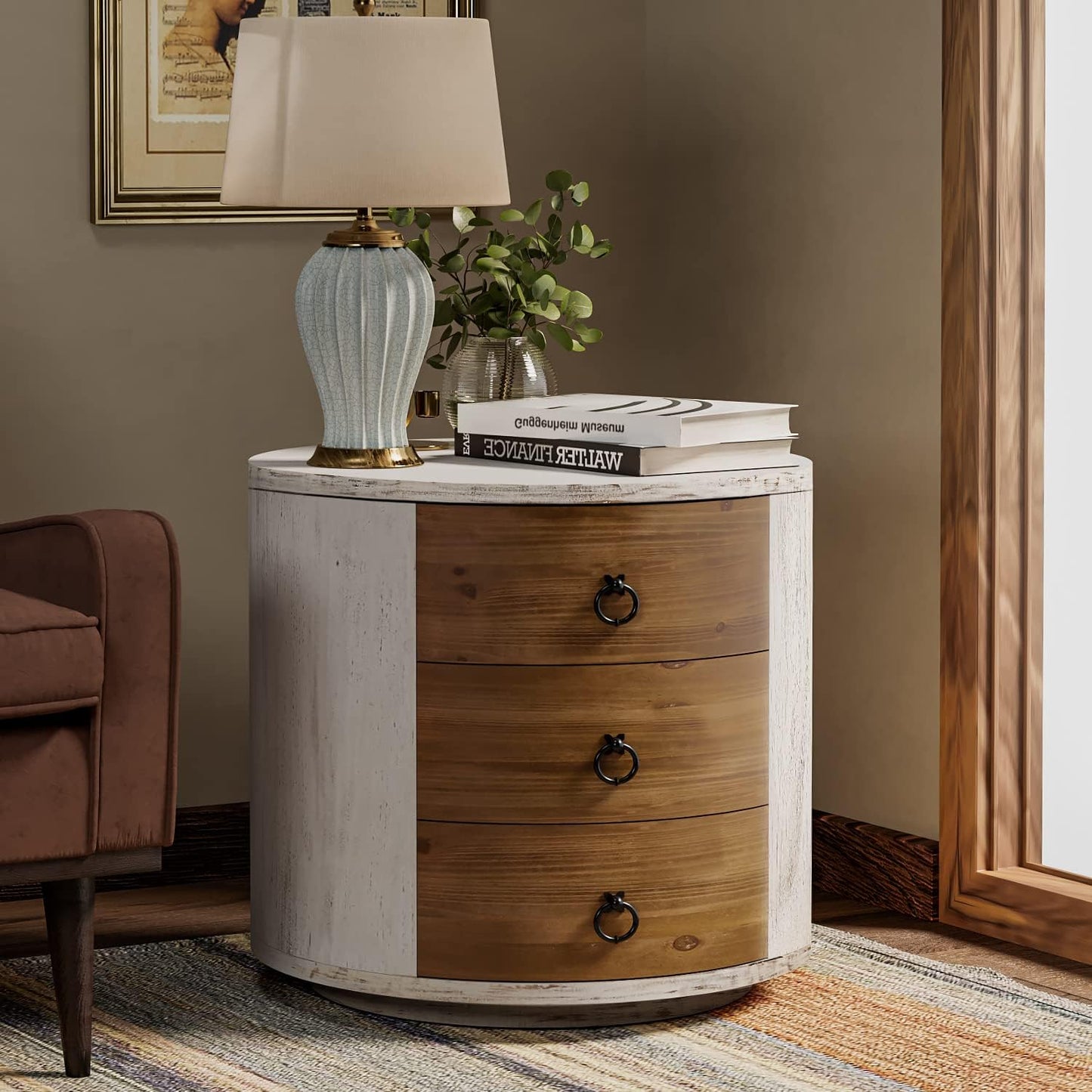 COSIEST 3 Drawer Chest of Drawers, 20 inch MDF Round Storage Cabinet, Retro Whitewash Finish Nightstand, Wood Bedside Table with Drawers for Bedroom Living Room