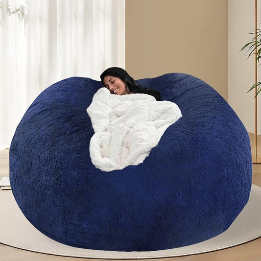BCU Oversized Bean Bag Cover Comfy Beanbag Chair for Adults Without Filler Faux Fur Floor Chair Lazy Sofa Cover Comfy for Living Room Chairs, Blue, 5FT