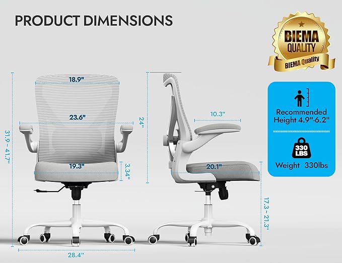 Office Chair Ergonomic Desk Chair Comfy: 330LBS Mesh Computer Chair Ergonomic Gaming Chairs with Wheels Adjustable Lumbar Support and Flip up Armrest-Swivel Executive Chairs Long Hours (Silver)
