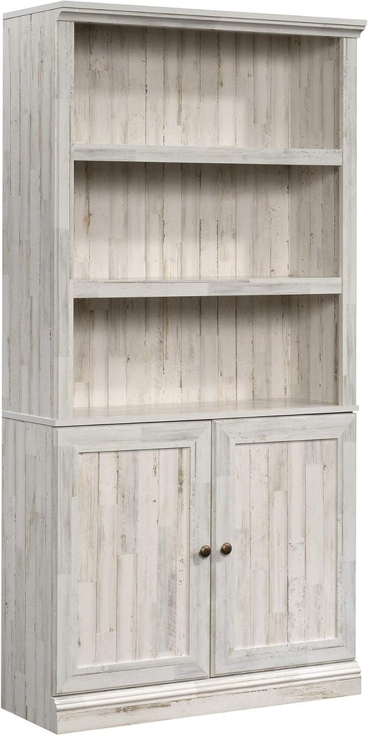 Sauder Select Book Shelf, Bookshelf with Storage, Library Bookcase with Doors and Adjustable Shelves, in White Plank