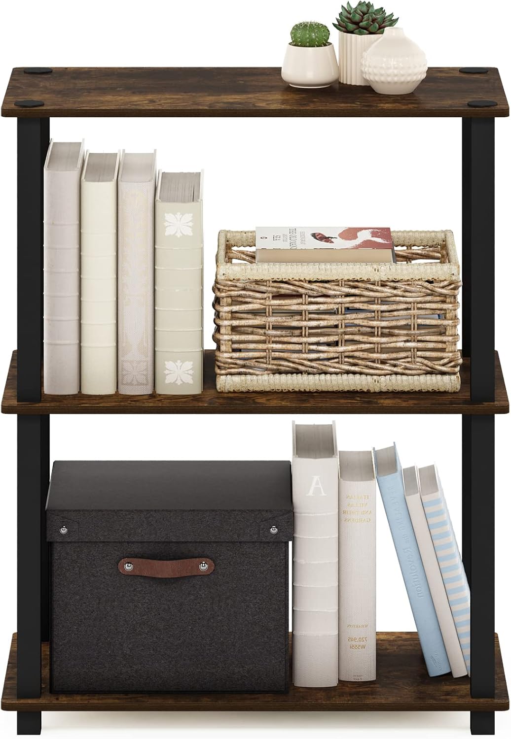 Furinno Turn-S-Tube 3-Tier Compact Multipurpose Shelf Display Rack with Square Tube, Amber Pine/Black