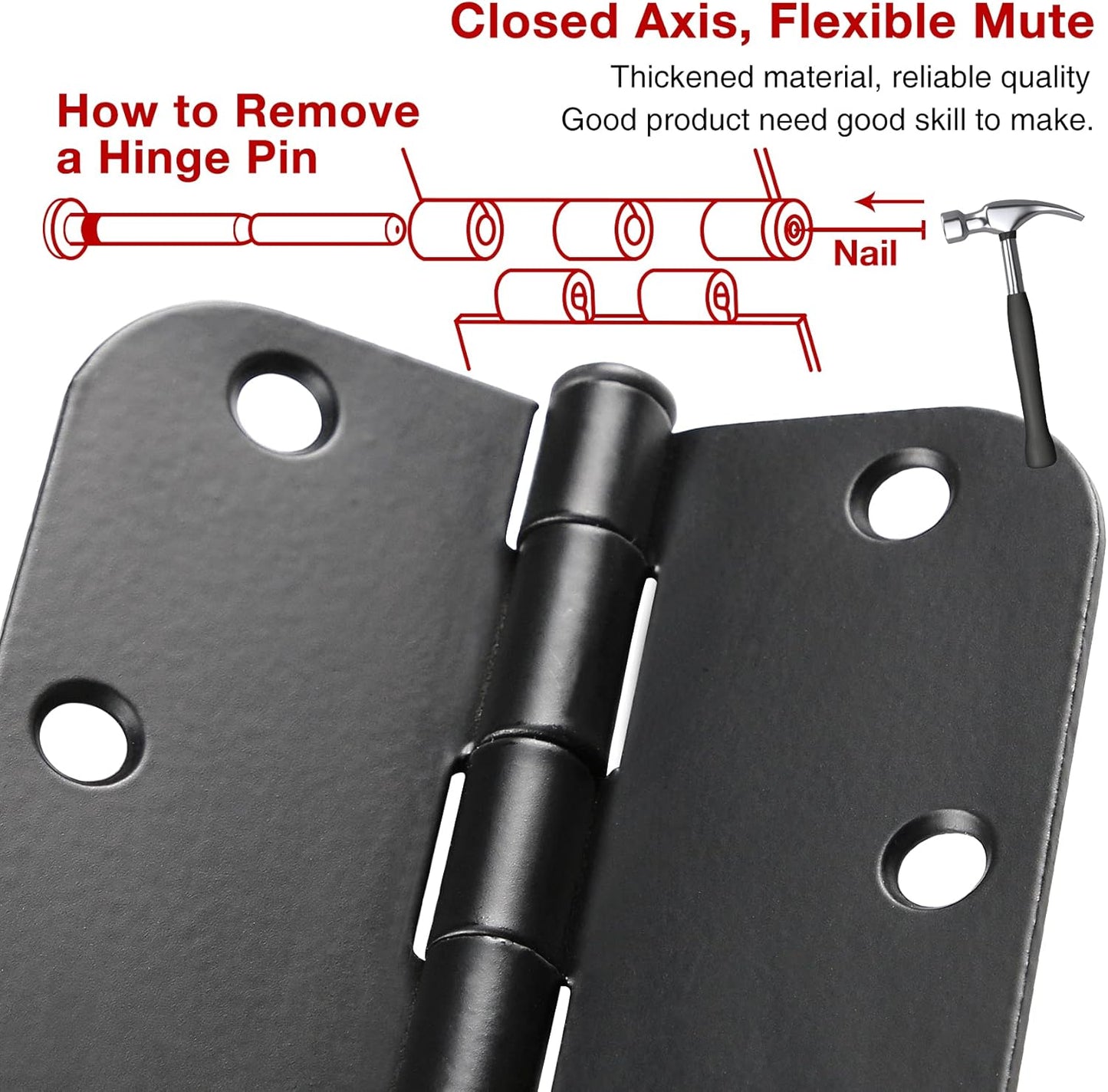 48 Pack Rounded Matte Black Door Hinges 3.5 Inch 5/8" Radius for Interior 3 1/2" Flat Iron Bifold Residential Standard Bedroom Indoor for Doors 3 ½"Hardware House Home Decor Essentials Accessories