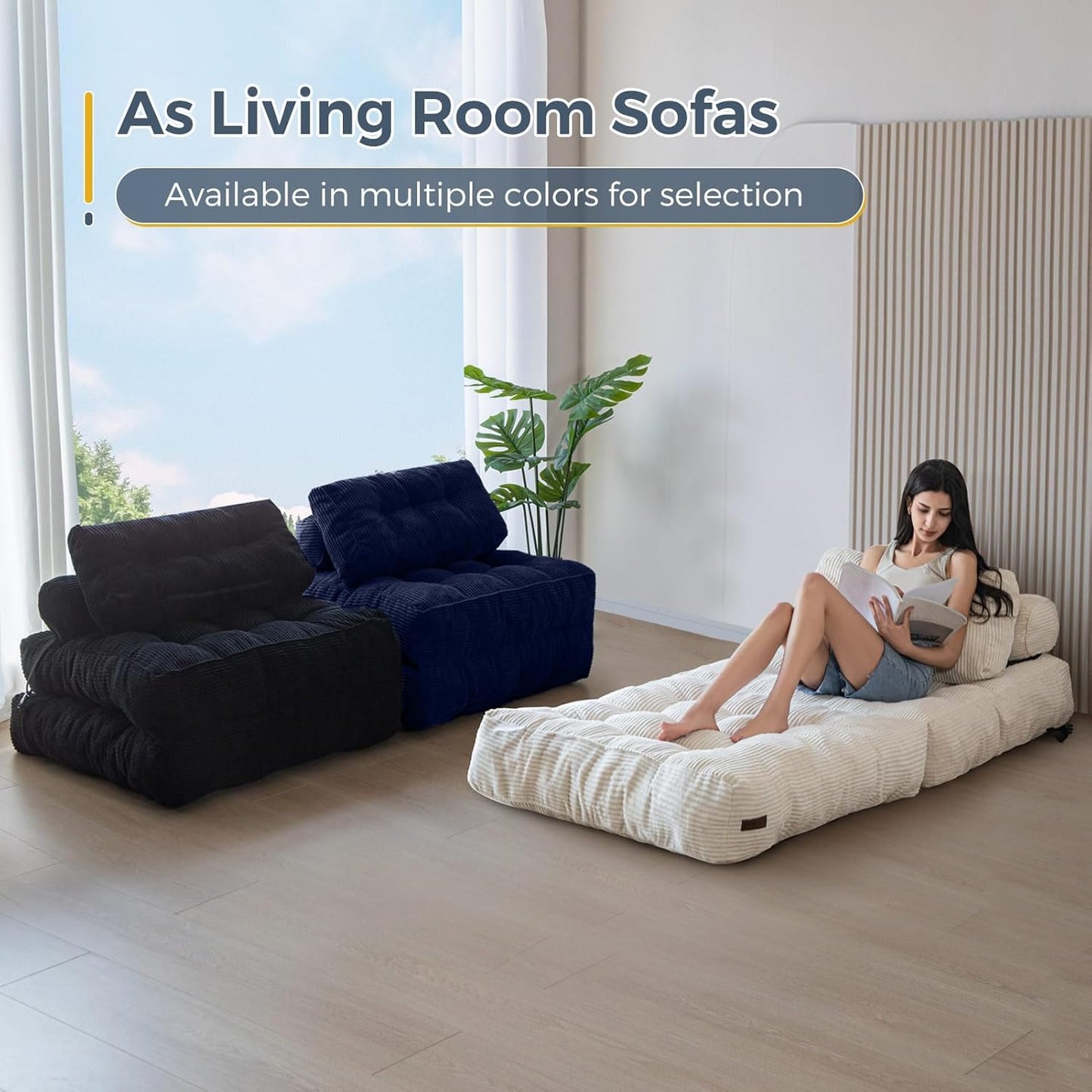 MAXYOYO Folding Sofa Bed, Convertible Sleeper Chair with Pillow Foldable Matress with Back Support, Portable Fold Out Chair Bed Comfy Floor Sofa Lounge for Living Room Bedroom, Navy, Single