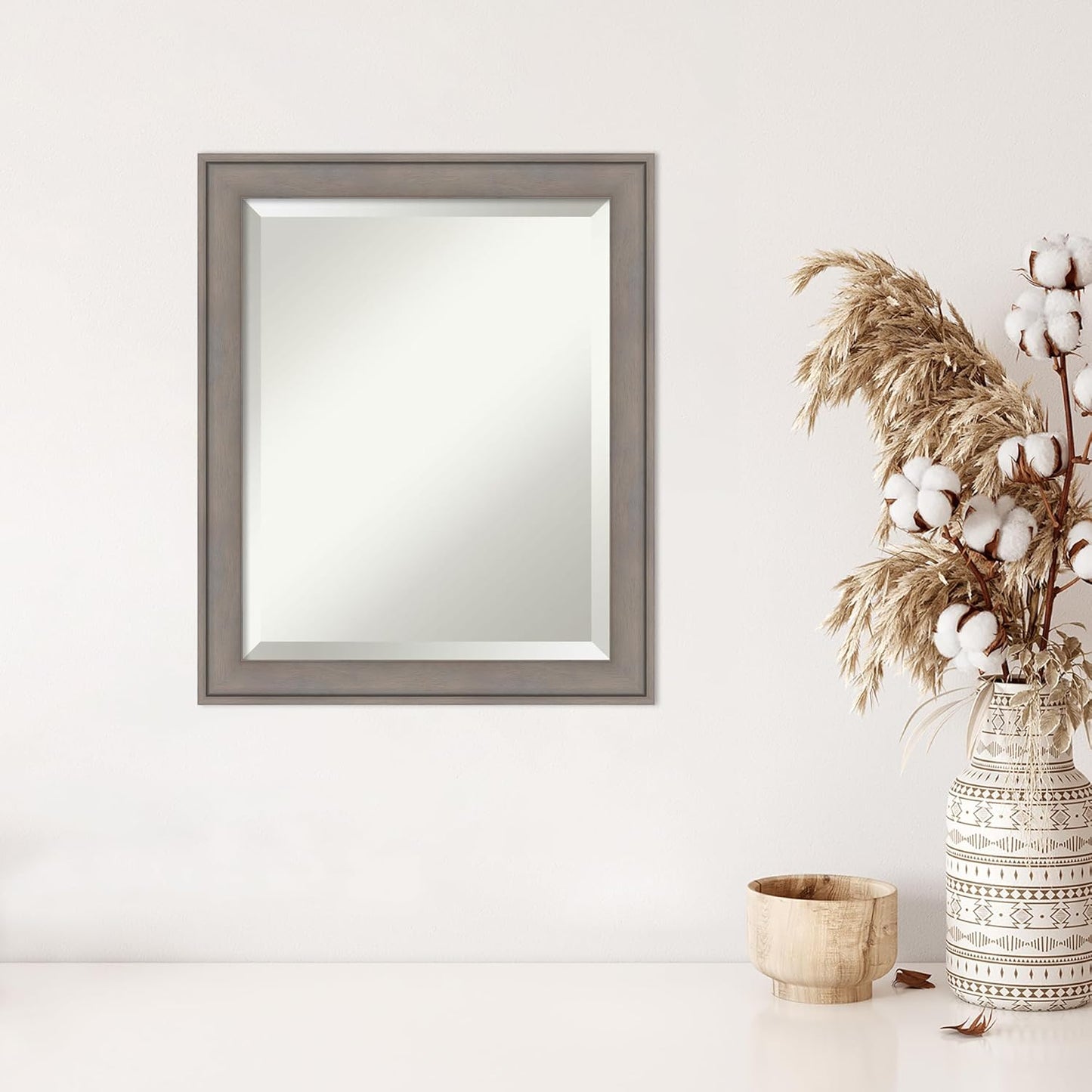 Amanti Art Grey Wall Mirror 24x20 Greywash Rectangle Bathroom Mirror for Wall Decor Living Room, Small Country Rustic Wood Frame, Hangs Horizonally and Vertically, Bathroom Decor, Beveled Edge