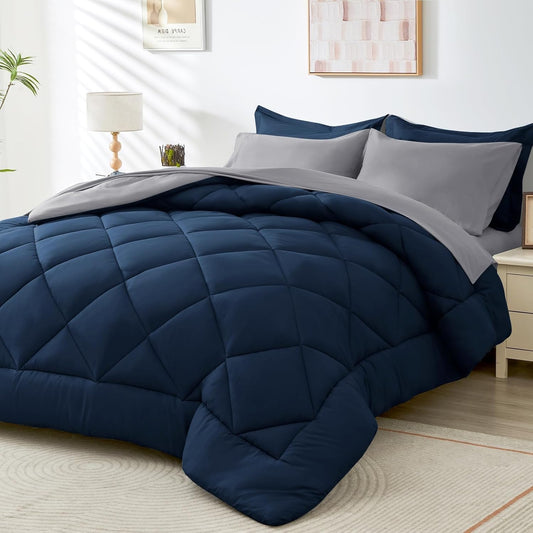 HEVUMYI Twin-XL Comforter Set - 5-Piece All Season Bed in a Bag Twin-XL, Ultra Soft Bedding Set with Comforter, Flat Sheet, Fitted Sheet, Pillowcases, Pillow Shams, Navy Blue & Light Grey