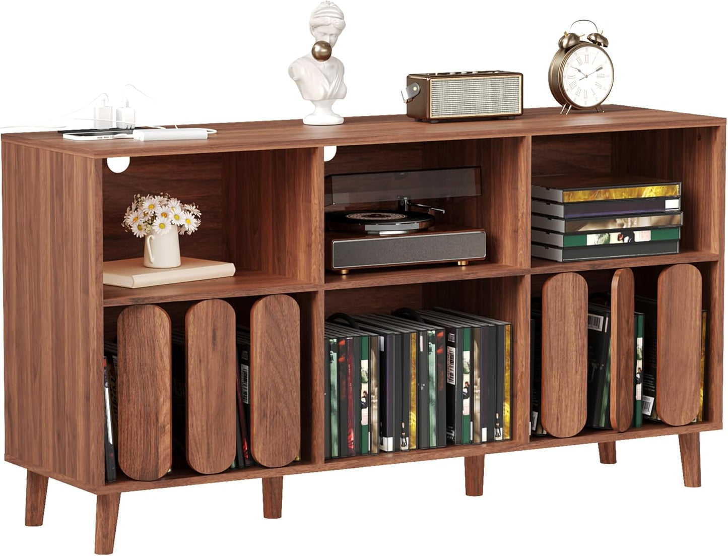 Large Record Player Stand, Record Player Table Vinyl Record Storage Holder Records Cabinet Organizer with Power Outlet for Living Room, Walnut