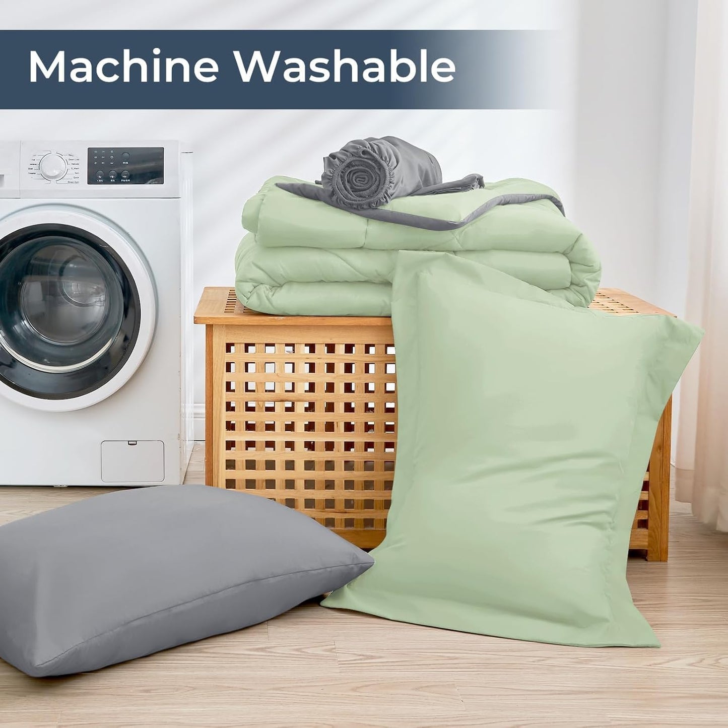 HEVUMYI Twin Comforter Set - 5-Piece All Season Bed in a Bag Twin, Ultra Soft Bedding Set with Comforter, Flat Sheet, Fitted Sheet, Pillowcases, Pillow Shams, Sage Green & Light Grey