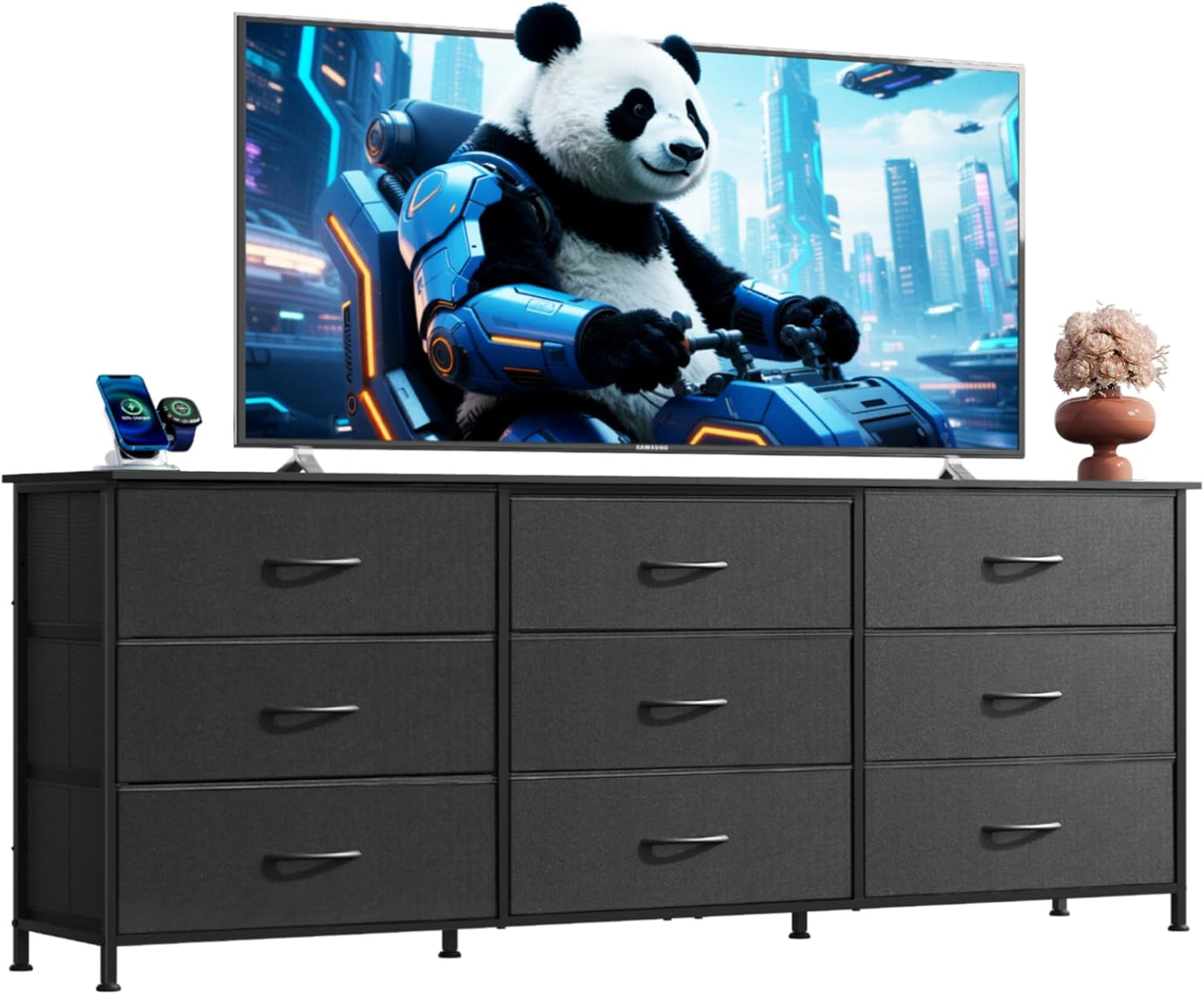 WLIVE 63''W Dresser for Bedroom, Black Dresser TV Stand for 65, 70, 75 inch TV, Wide Chest of Drawers with 9 Drawer, Large Entertainment Center, Fabric Dressers with Wood Top for Closet, Living Room