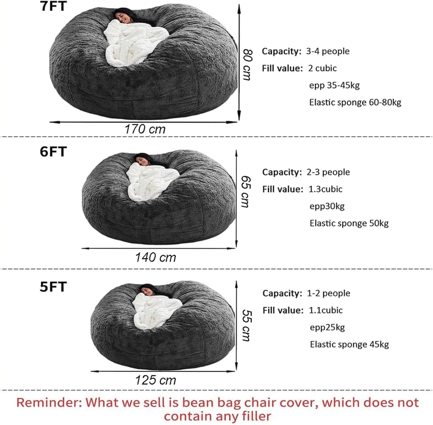 BCU Oversized Bean Bag Cover Comfy Beanbag Chair for Adults Without Filler Faux Fur Lazy Sofa Cover for Living Room Chairs, Multicolored, 5FT