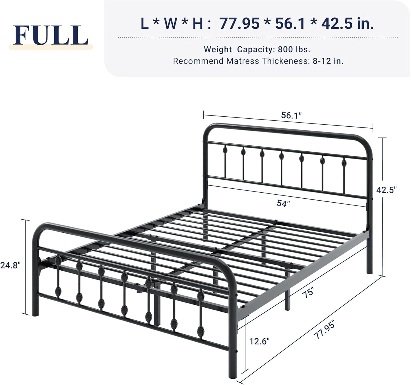 Allewie 14 Inches Full Size Metal Platform Bed Frame with Victorian Style Iron-Art Headboard/Footboard, Mattress Foundation, Easy Assembly, Under Bed Storage, No Box Spring Required, Black