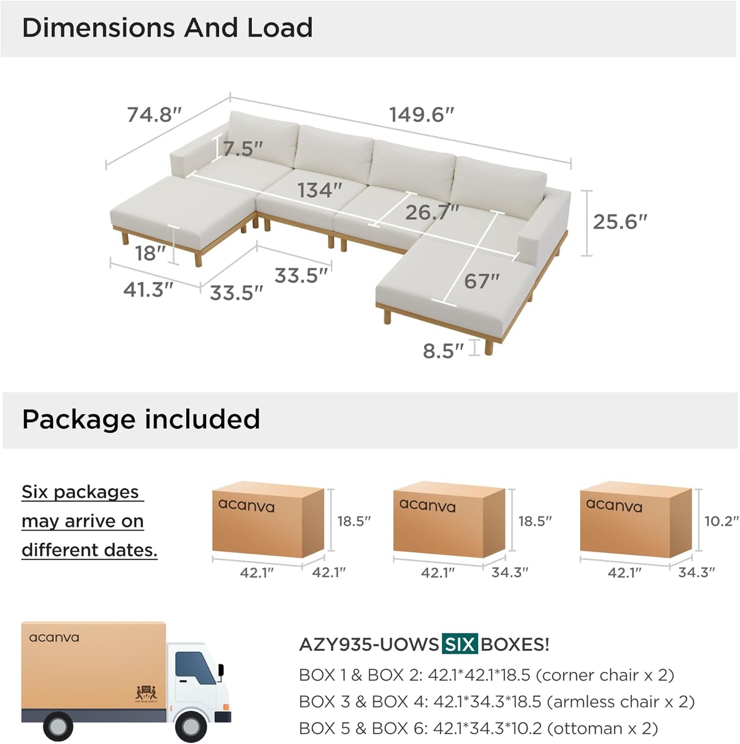 Acanva Minimalist Modular Sectional Sofa for Living Room, Wide & Deep Seat Convertible Furniture Set with Metal Frame and Movable Covers, U-Shaped Couch, Off White