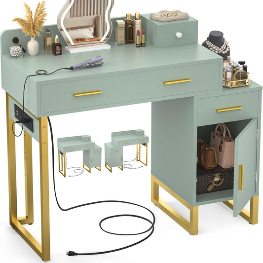 Vanity Desk with 4 Storage Drawers - Modern Makeup Vanity Table with Charging Station, Cyan Vanity Desk with Reversible Cabinet Dressing Table Set with Divided Organizers for Women Girls, Cyan & Gold