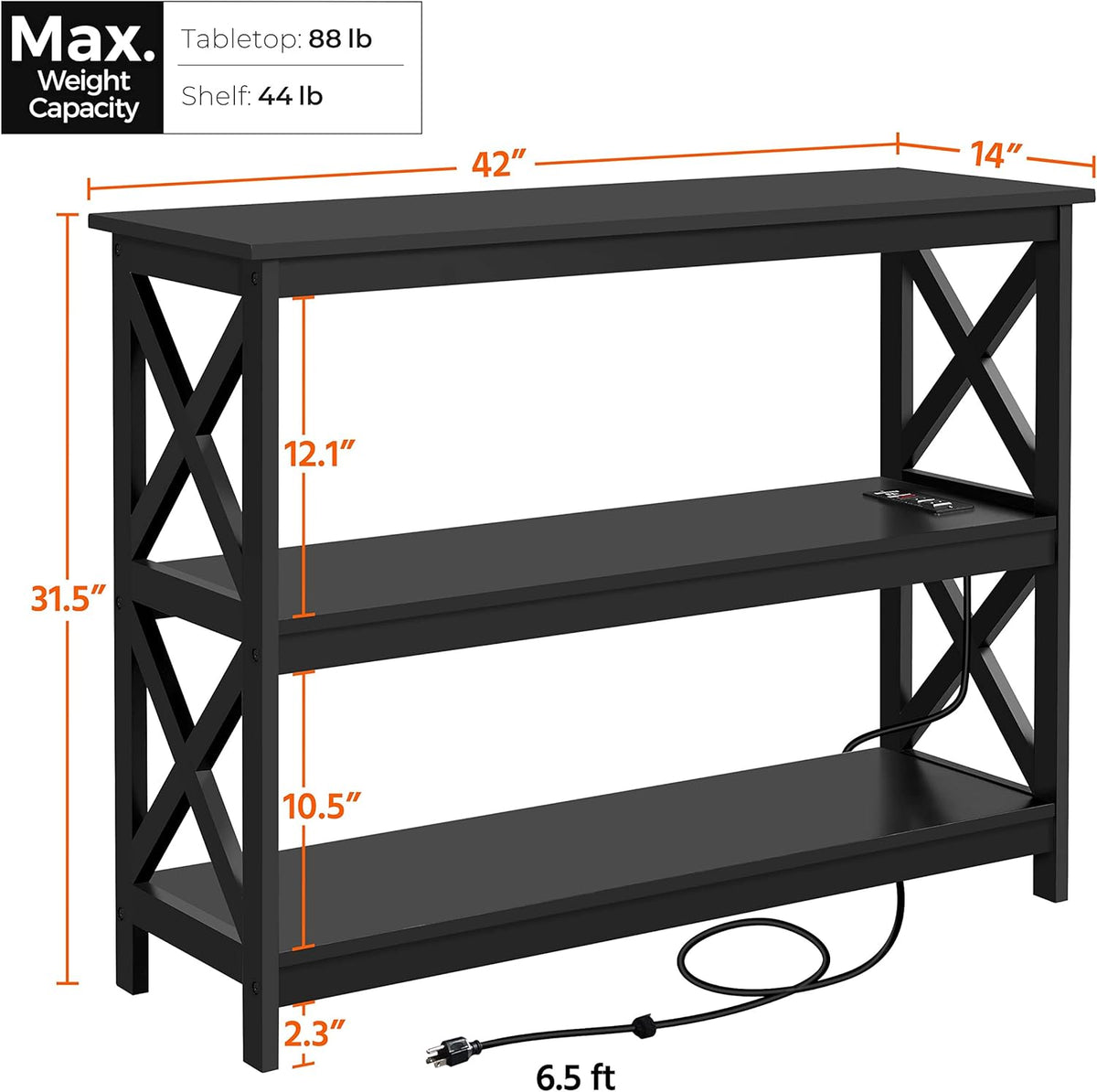 Yaheetech Entryway Table with Storage Shelves, Console Table with Power Outlets and USB Ports, Wood Narrow Sofa Tables with X-Shaped Design for Living Room/Hallway/Couch, Black