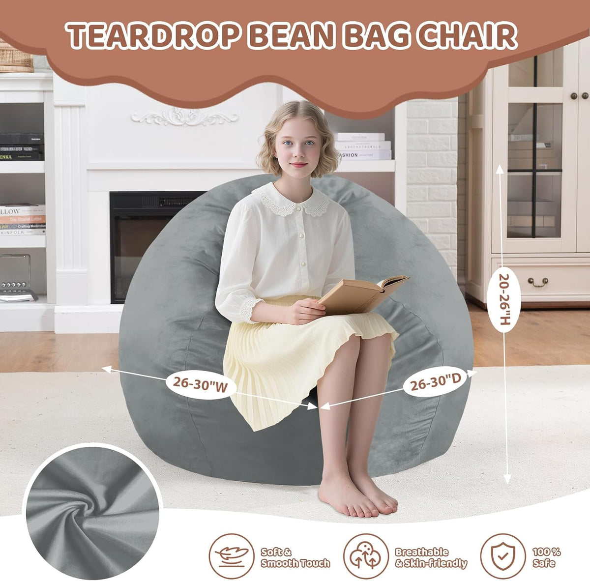 2FT Bean Bag Chair, Comfy Bean Bag Chairs with Memory Foam Filled, Fluffy Beanbag Sofa with Dutch Velvet Cover, Teardrop BeanBag Chairs for Living Room, Playroom - Light Grey