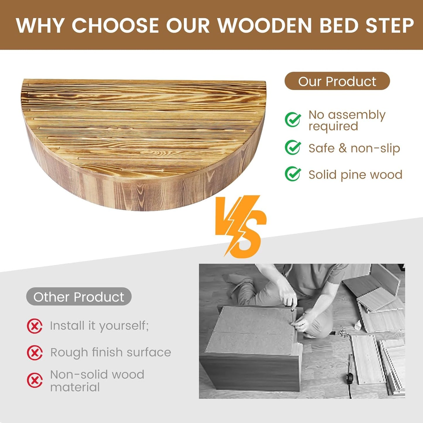 Solid Wooden One Step Stool, 5.2" High Semicircular Wood Bed Step for Elderly Adults Kids Safety to Get in & Out of High Bed, Kitchen, Bathroom(26.4" L, 550LBs Capacity)