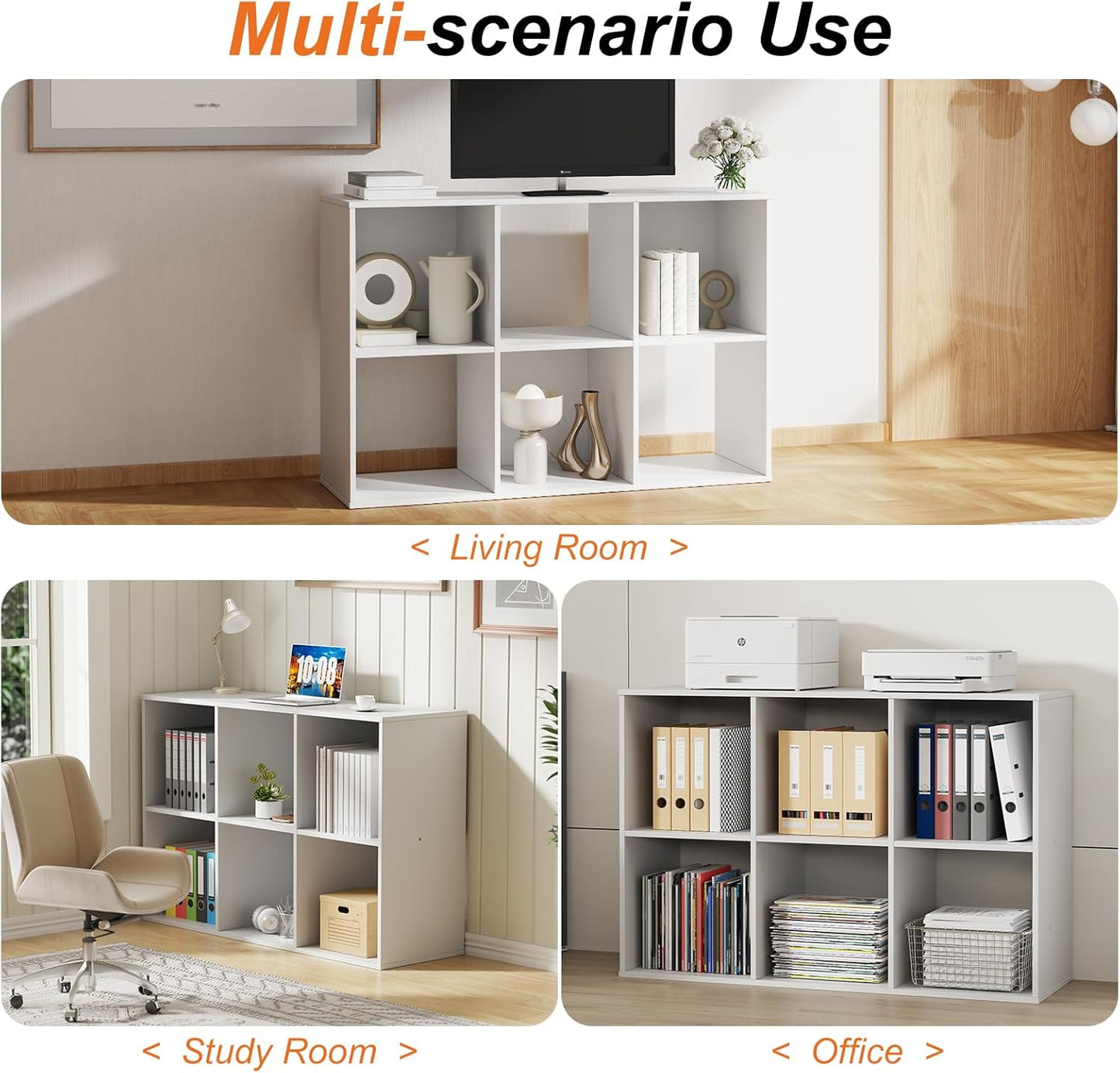 Sweetcrispy 6 Cube Storage Organizer - Open Cube Bookshelf with 3 Removable Back Panels, Display Storage Bookcase for Living Room, Bedroom, Entrance Hall, Home Office，36" L×11.6" W×24" H, White