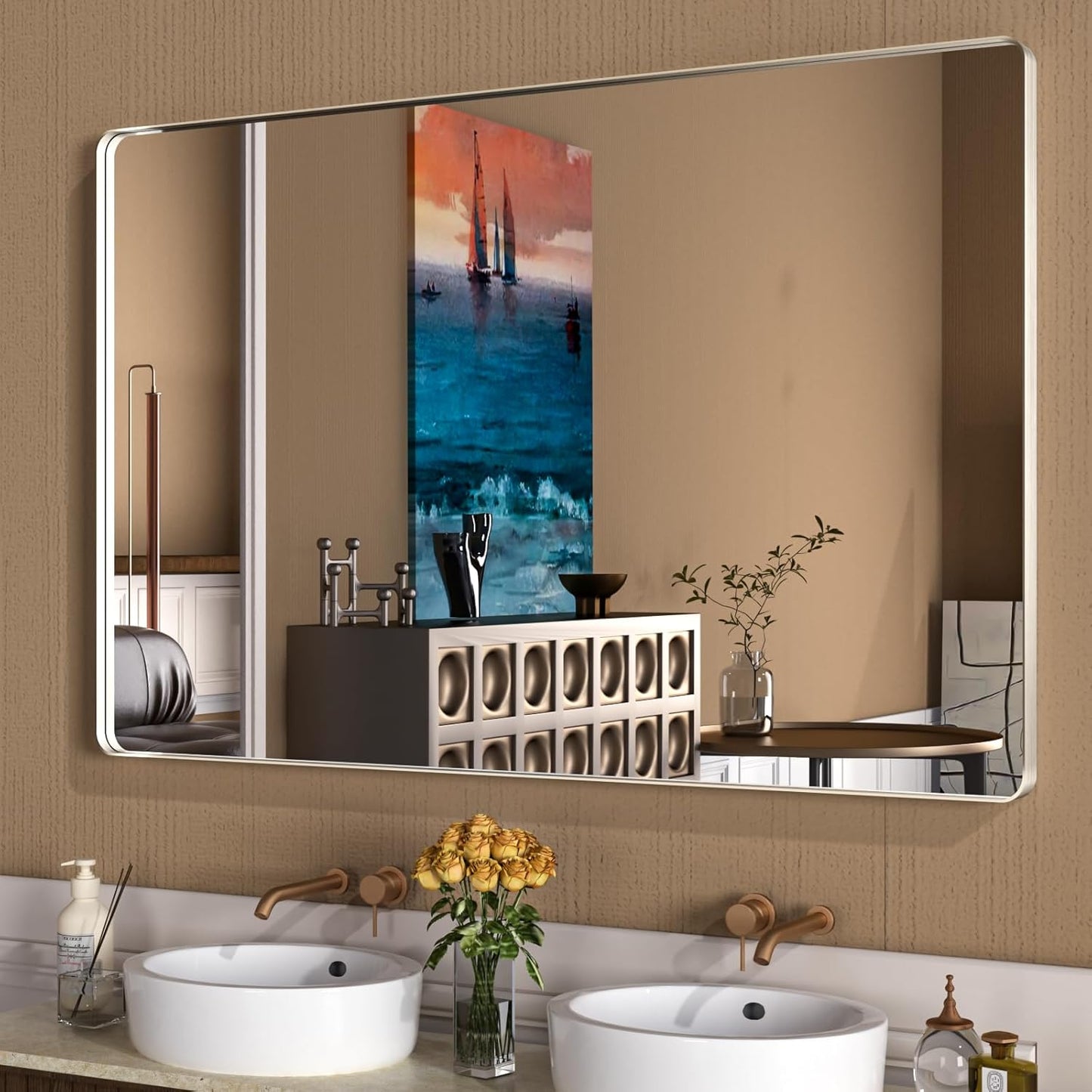 WEER 60X36 Inch Brushed Nickel Bathroom Mirror, Brushed Silver Metal Frame Mirror, Rounded Rectangle Silver Bathroom Vanity Mirror, Tempered Glass, Anti-Rust, Hangs Horizontally or Vertically