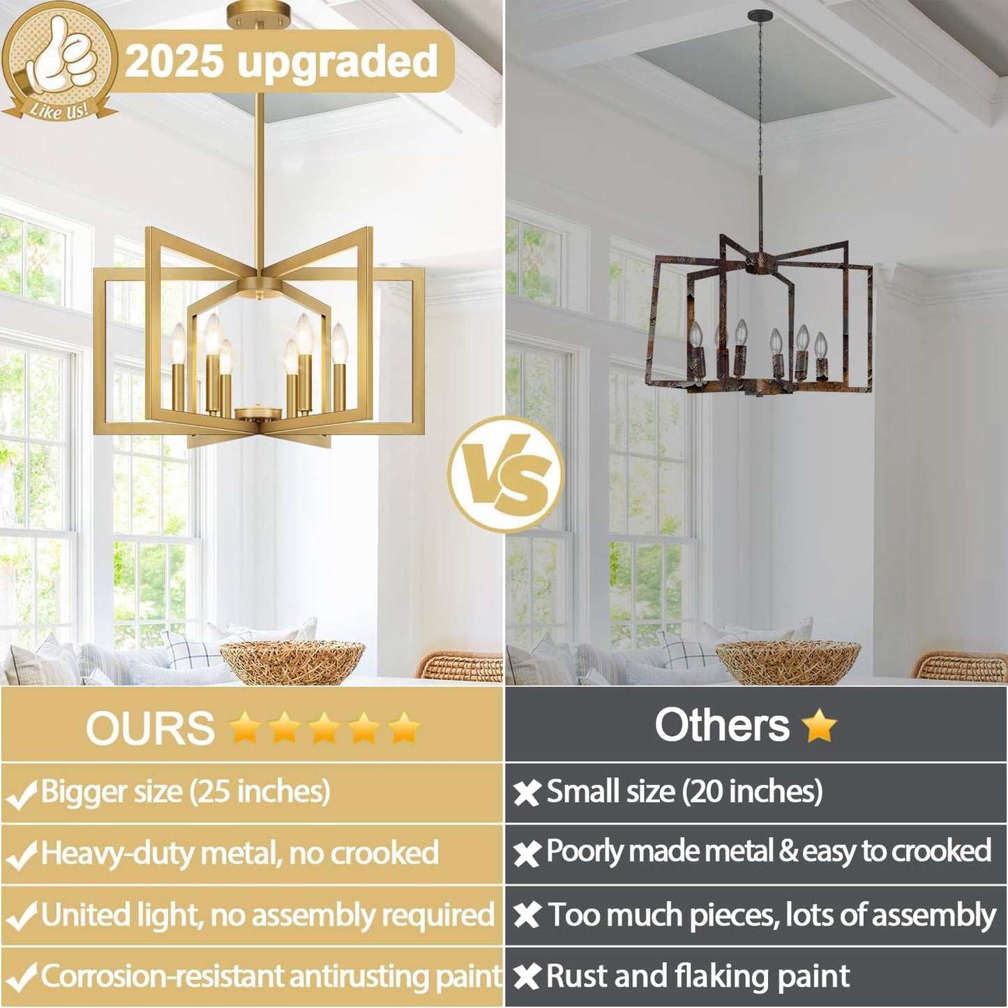 25" Modern Gold Chandelier for Dining Room (6-Light, 25-Inch), Geometric Gold Dining Room Light Fixture Over Table, Industrial Metal Hanging Pendant Lights for Kitchen Island, Entryway, Foyer