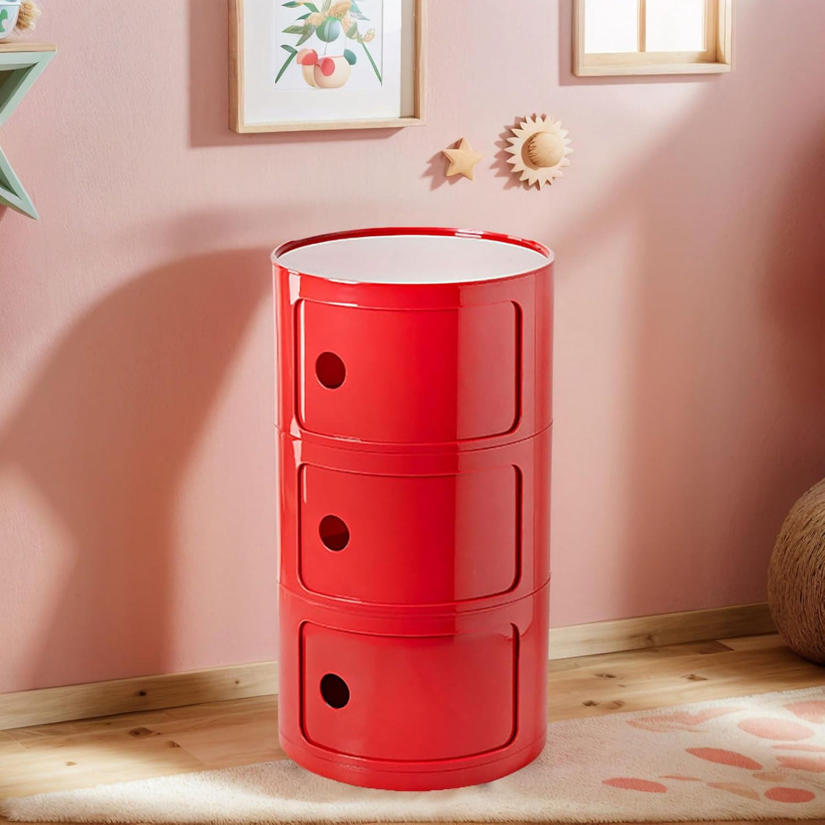 3 Tier Round Nightstand with Drawers, Red Round Side Table Small Plastic Storage End Table Suitable for Bedroom, Living Room, Bathroom (Red)