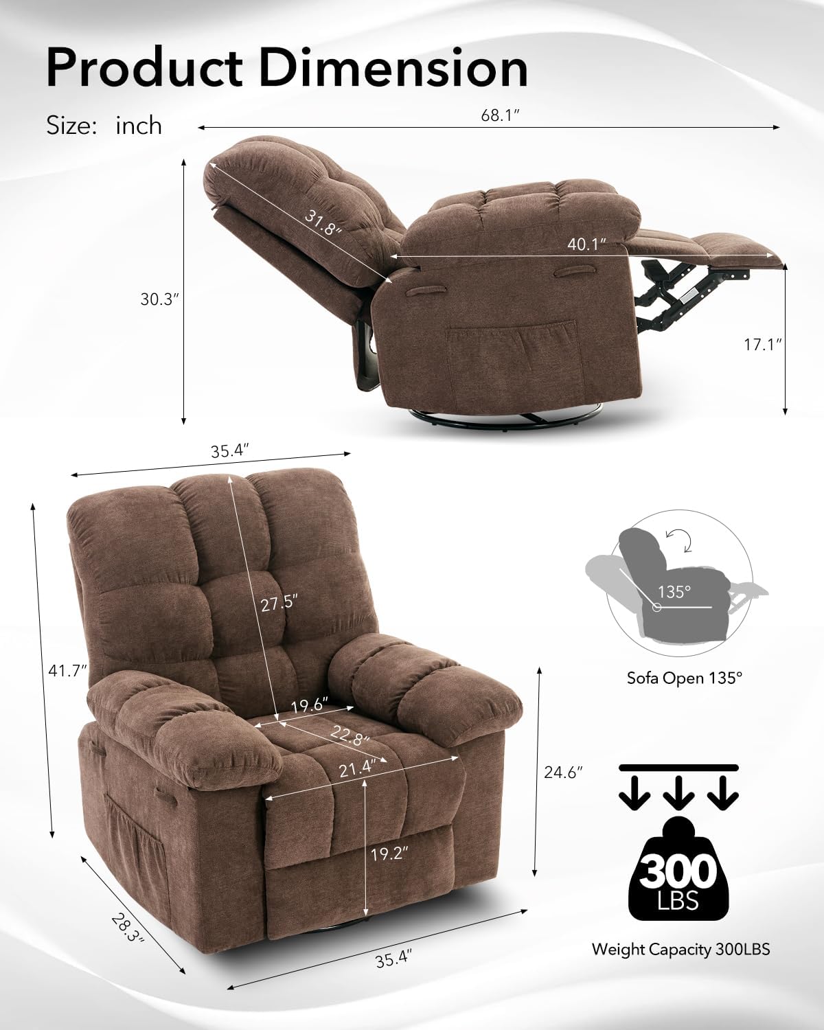 Rocking Recliner Chair,360° Swivel Rocker Chair for Living Room,Upholstered Fabric Glider Nursery Chair with Side Pockets for Small Spaces,Q235 Steel Frame Lazy Boy Recliner Single Sofa(Brown)