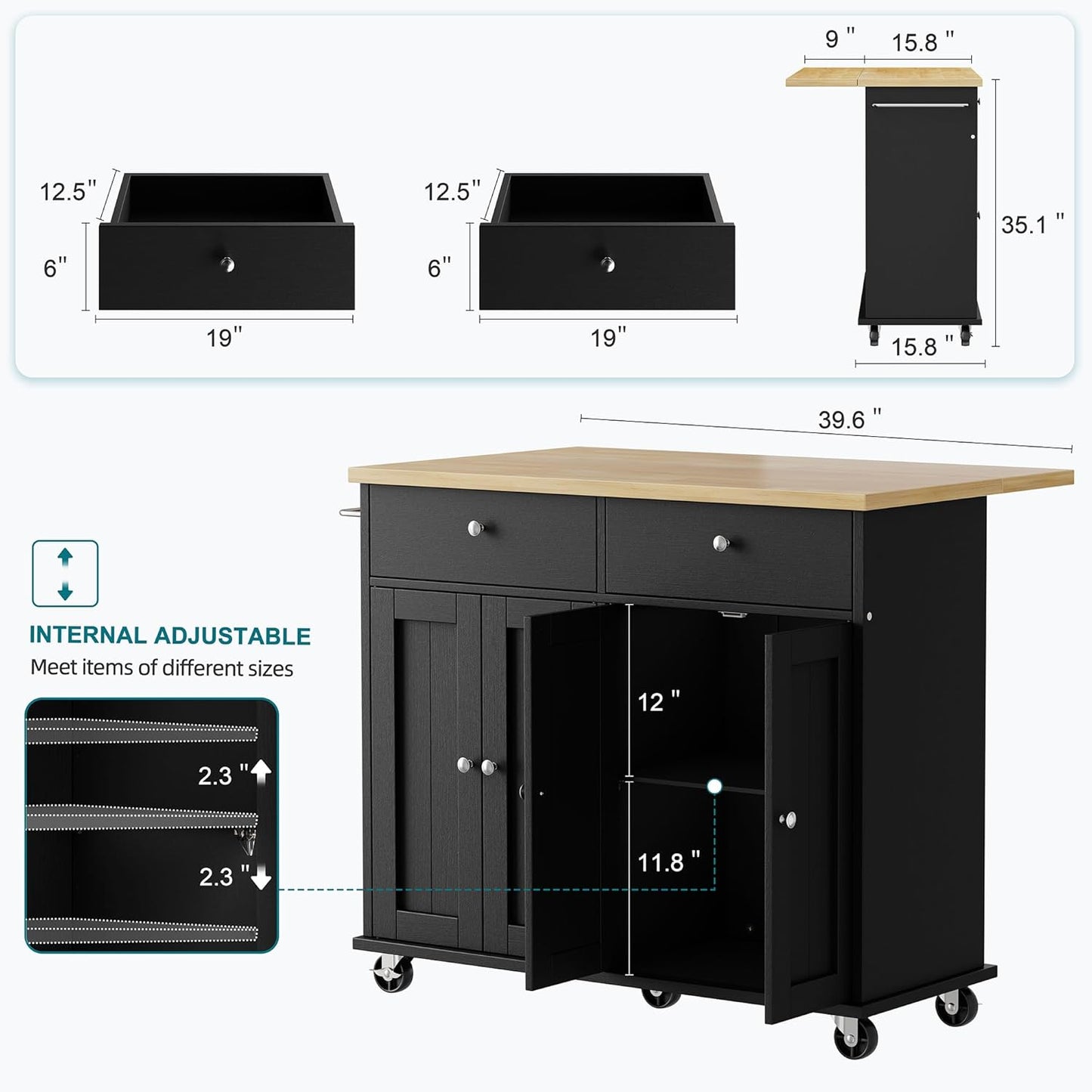 Shintenchi Kitchen Island with Drop Leaf, Rolling Kitchen Cart with Storage on Wheels, Table Bar Cart for Kitchen with Towel Rack & Seating Area for Dining Room, Black