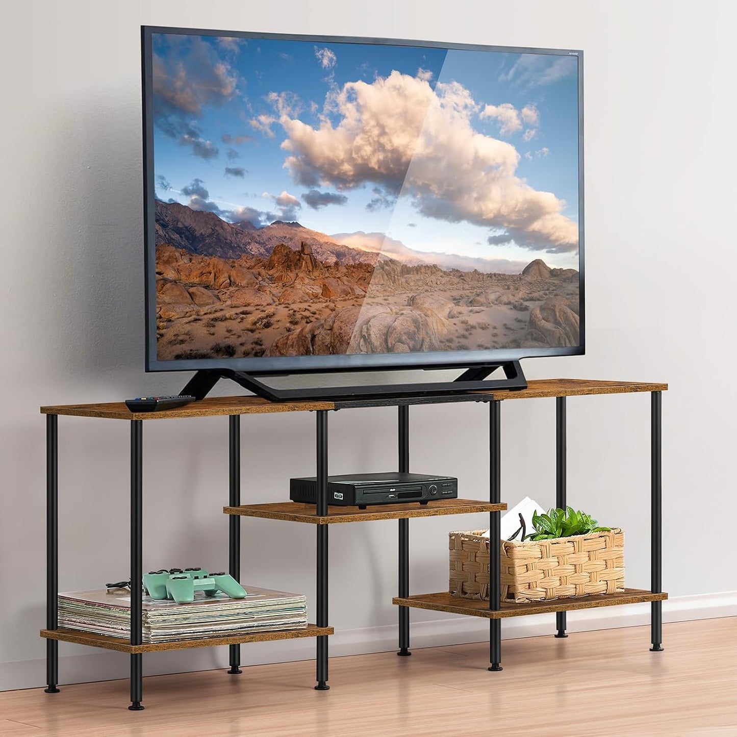 Industrial TV Stand with Storage for 50 inch TV Rustic TV Cabinet with Open Storage Shelf 3 Tier Entertainment Center Wood Console Table with Metal Round Tubes for Living Room Bedroom, Brown