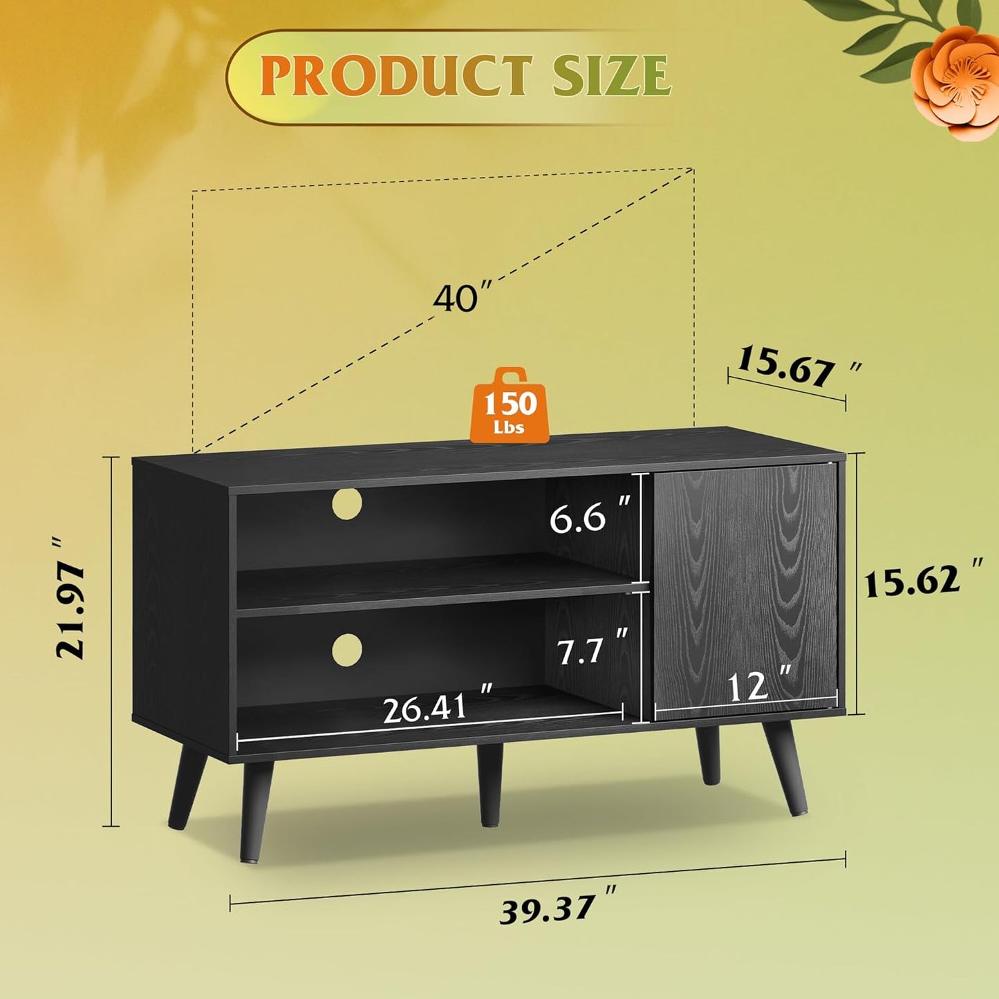 WLIVE TV Stand for 43 Inch TV, Small Entertainment Center with Storage Cabinet & Adjustable Shelves, Mid-Century Modern TV Stands for Living Room and Bedroom, 32" TV Console, Black