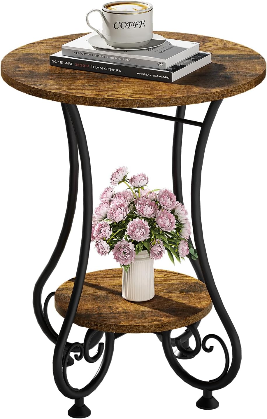 Side Table,Small Round End Table with Lower Shelf for Small Spaces, Portable Couch Sofa Coffee Table,Bedside Nightstand Table with Metal Frame,Retro Accent Drink Table for Living Room Bedroom Balcony