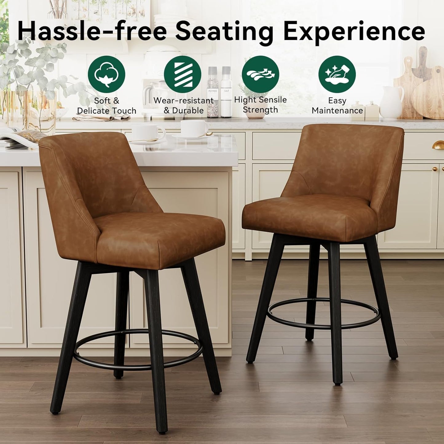 Vipbear Swivel Counter Height Bar Stools Set of 3,26.8" H Counter Stools with Back, Mid Century Modern Bar Stools for Kitchen Island,Faux Leather,Wooden Base, Brown