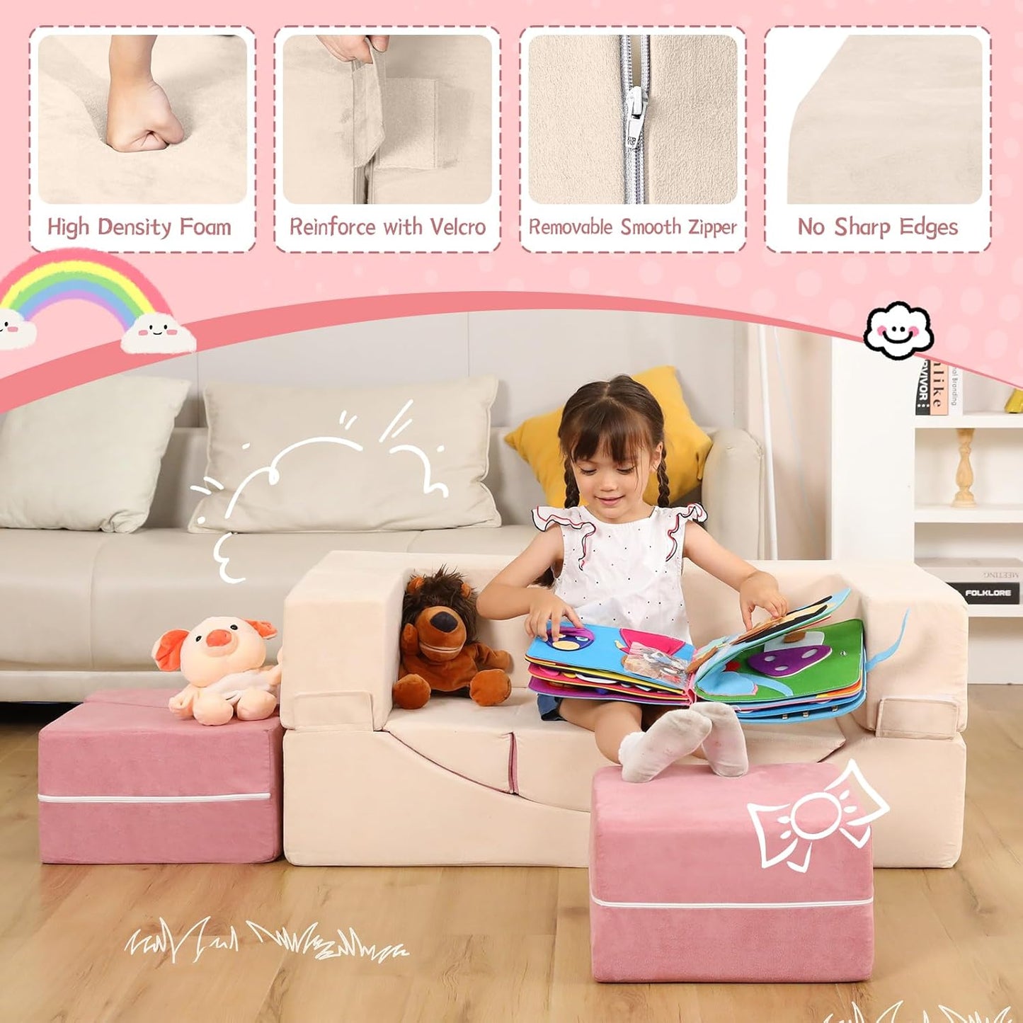 Modular Kids Play Couch, Kids Sofa Toddler Couch, Foam Play Set with Recliner, Toddler Sofa for Creative Boys & Girls, Convertible Foam Climbing Blocks